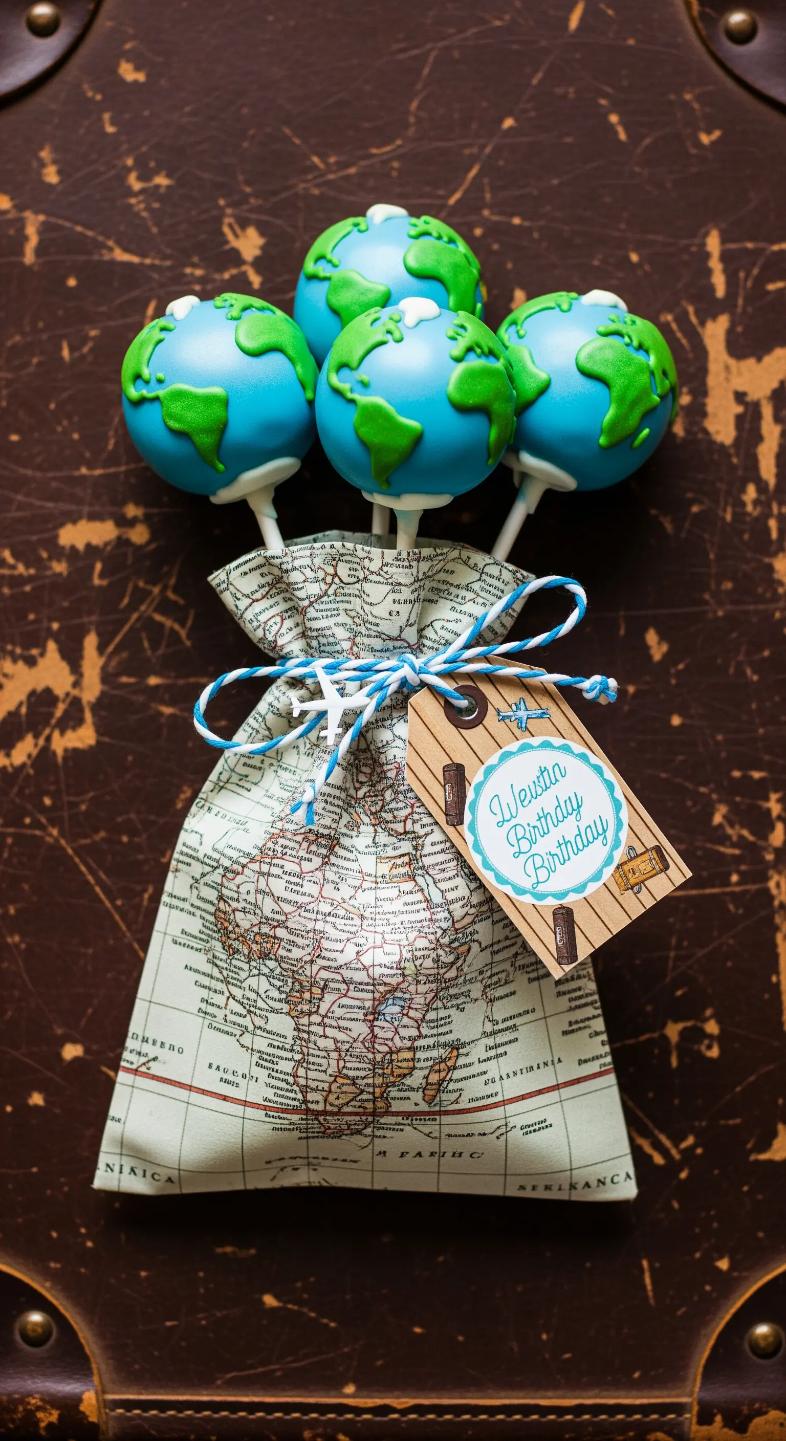 Sacchetto con stampa di una mappa geografica contenente cake pops a forma di globo terrestre.