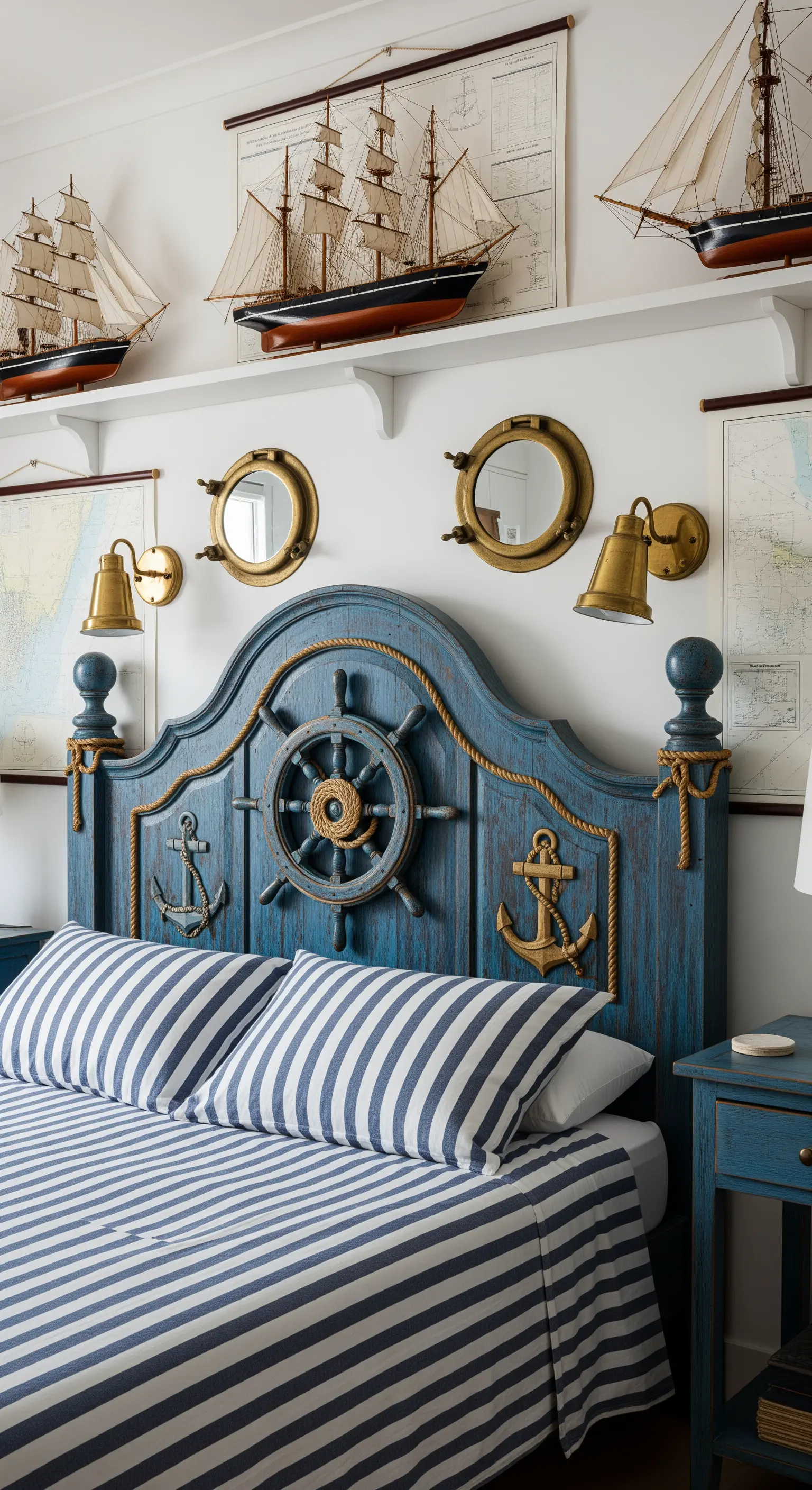 Testiera in legno blu in stile nautico, con timone, ancore e biancheria a righe.