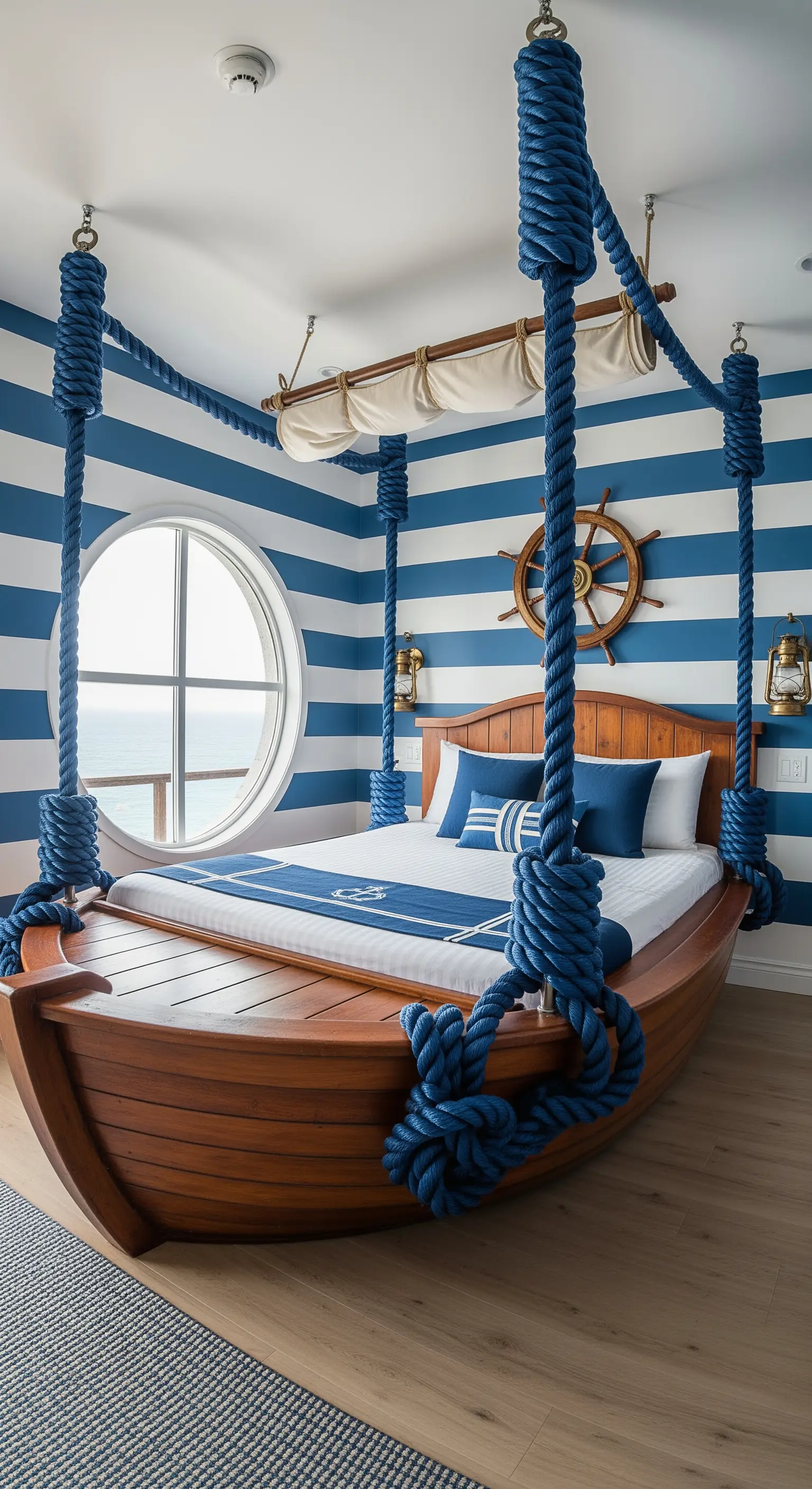 Letto a forma di barca sospeso con grosse corde blu in una camera a tema nautico.