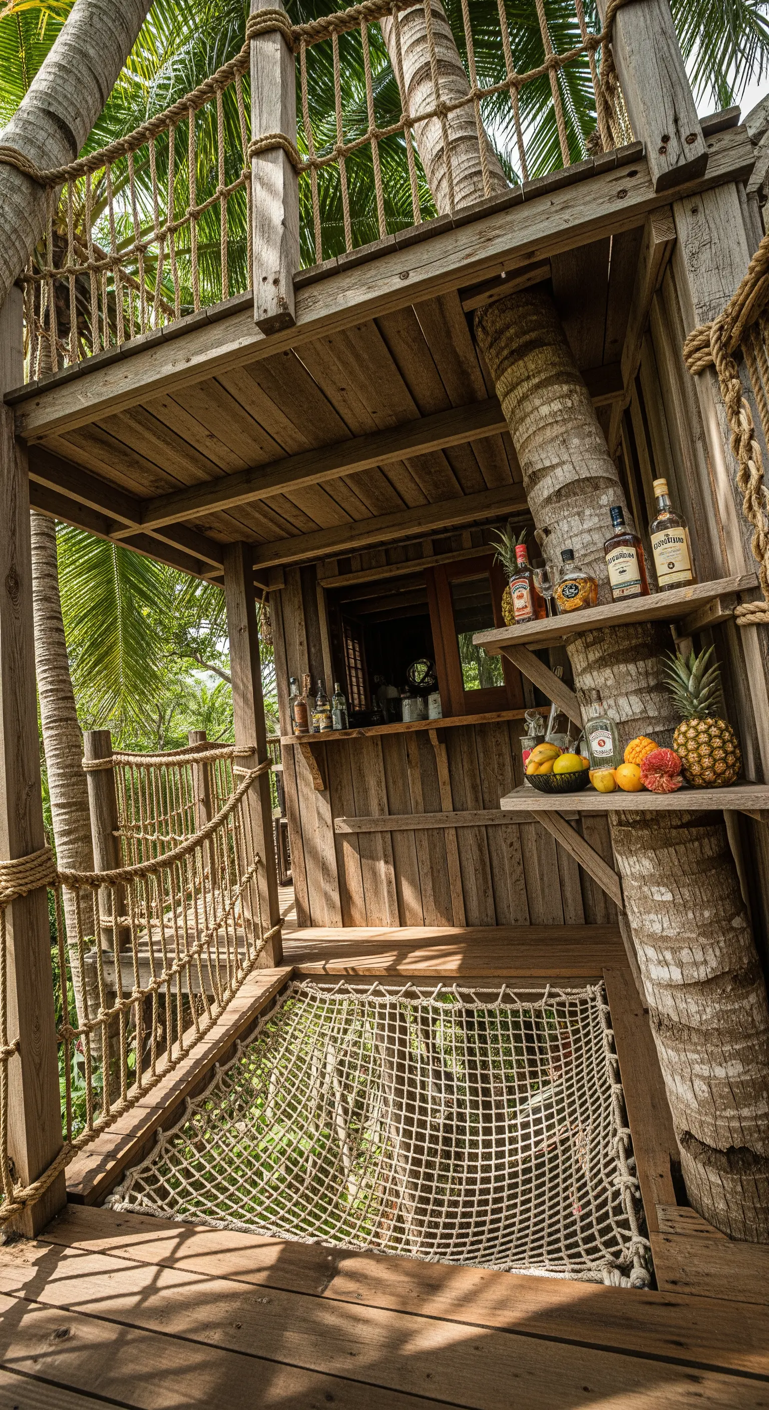 Bar rustico in legno costruito attorno a tronchi d'albero, con rete a catamarano come amaca