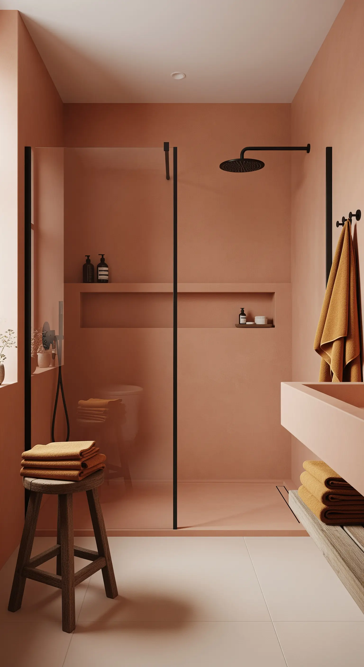 Bagno monocromatico color terracotta con doccia walk-in e dettagli neri.