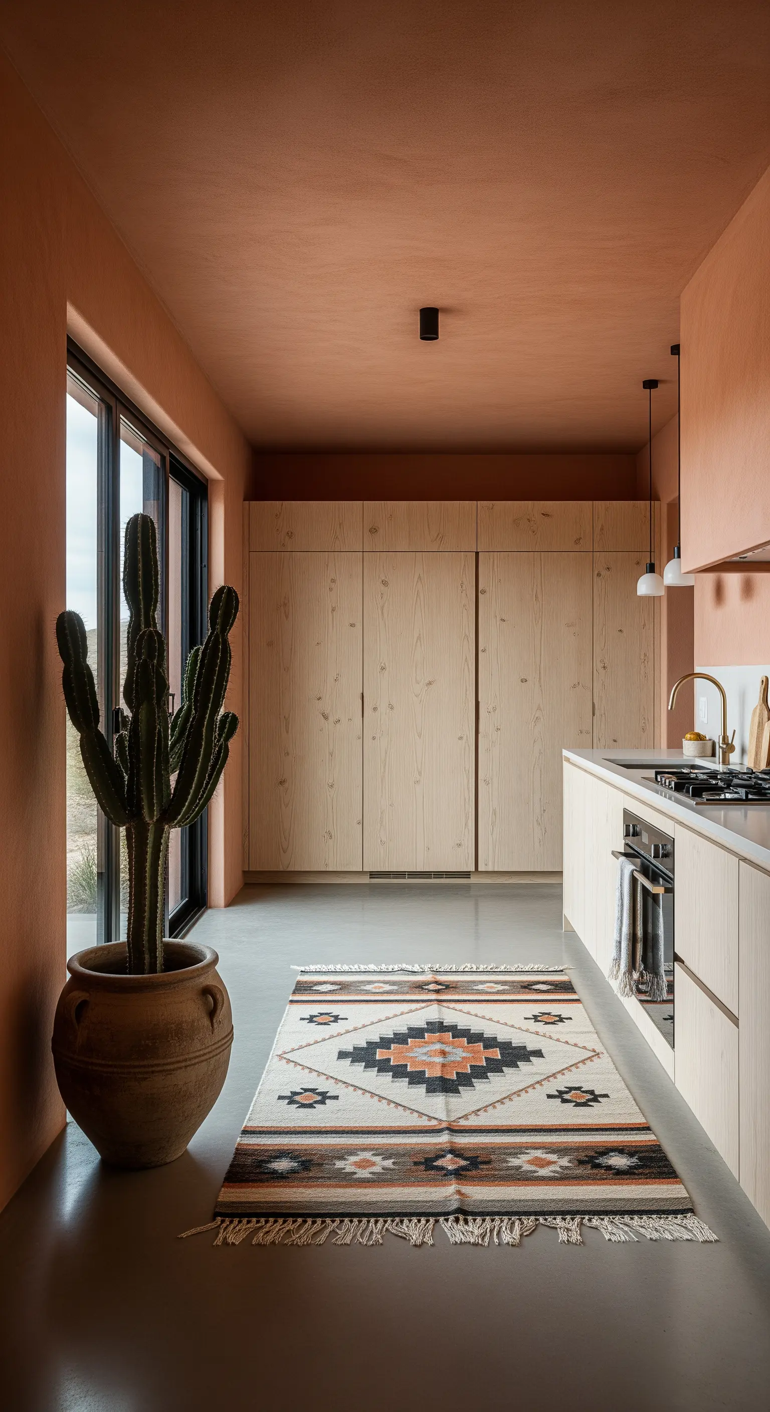 Cucina desert-modern con pareti e soffitto color terracotta e un grande cactus in vaso.