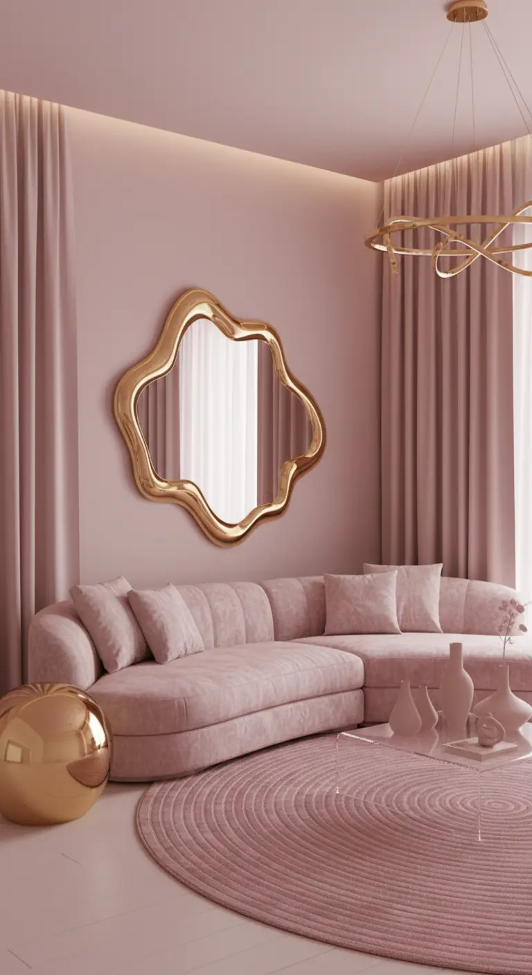 Specchio organico con cornice dorata su una parete rosa, in un soggiorno total pink.