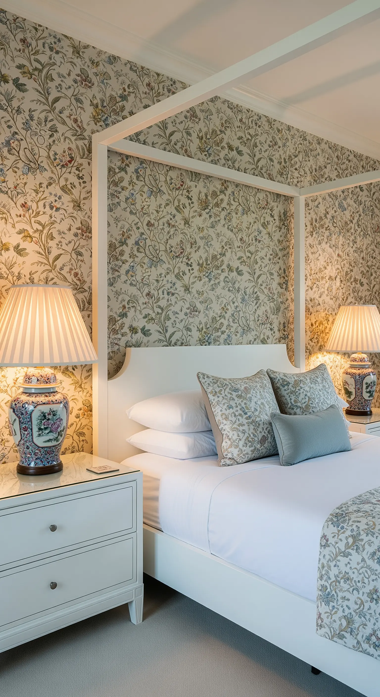 Letto a baldacchino bianco dalle linee moderne in una camera con carta da parati floreale.