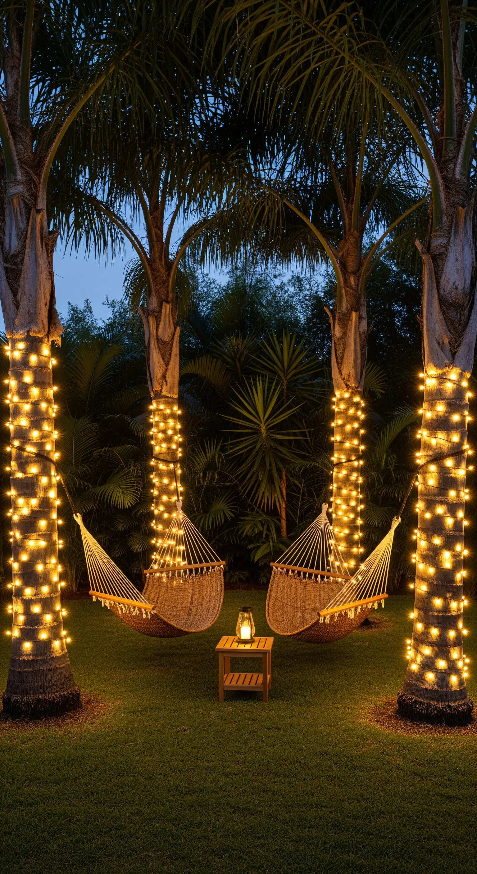 Due amache appese tra quattro palme i cui tronchi sono avvolti da fitte lucine calde.