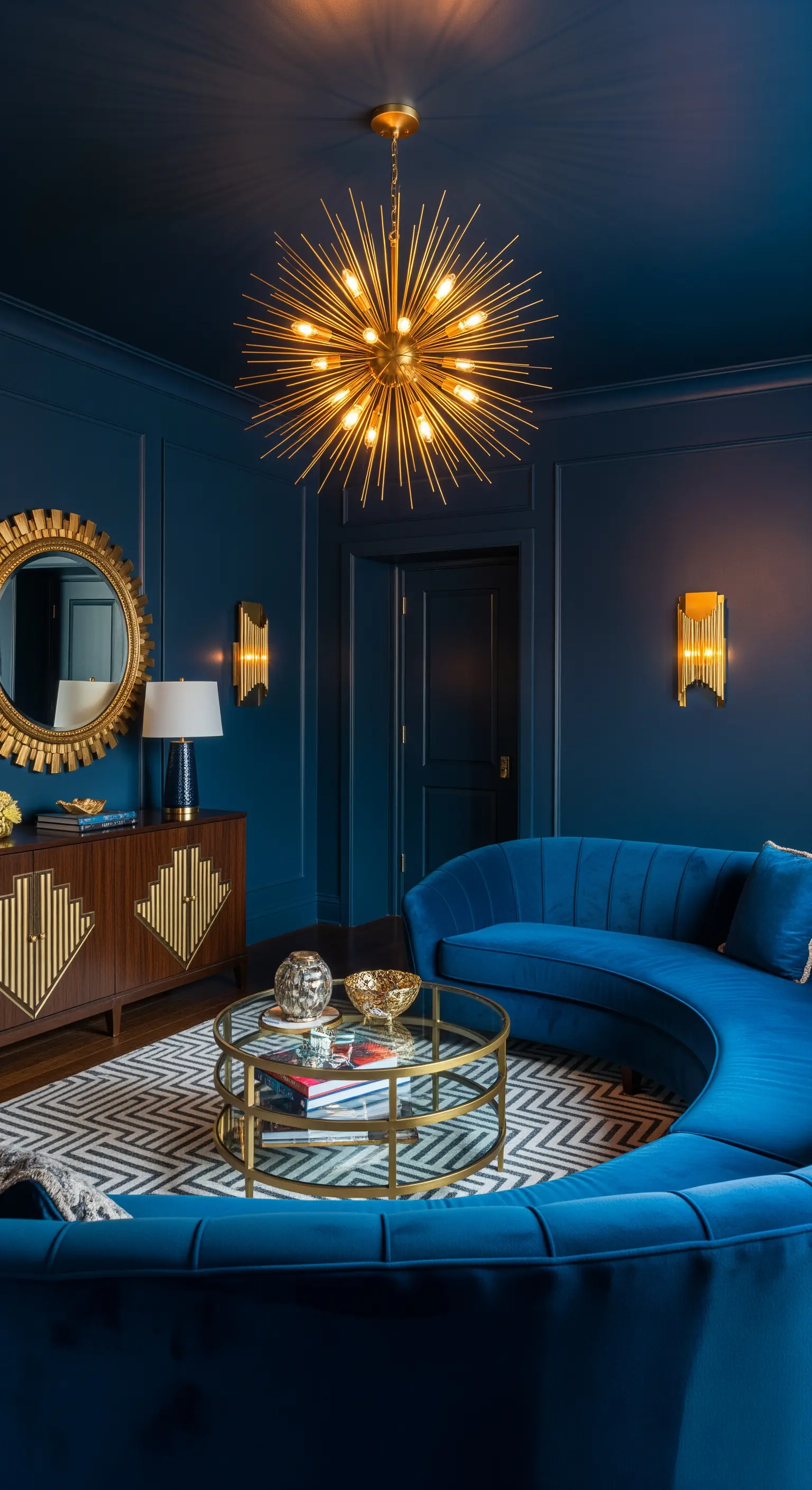 Salotto blu notte con divano curvo in velluto e lampadario dorato a raggiera.