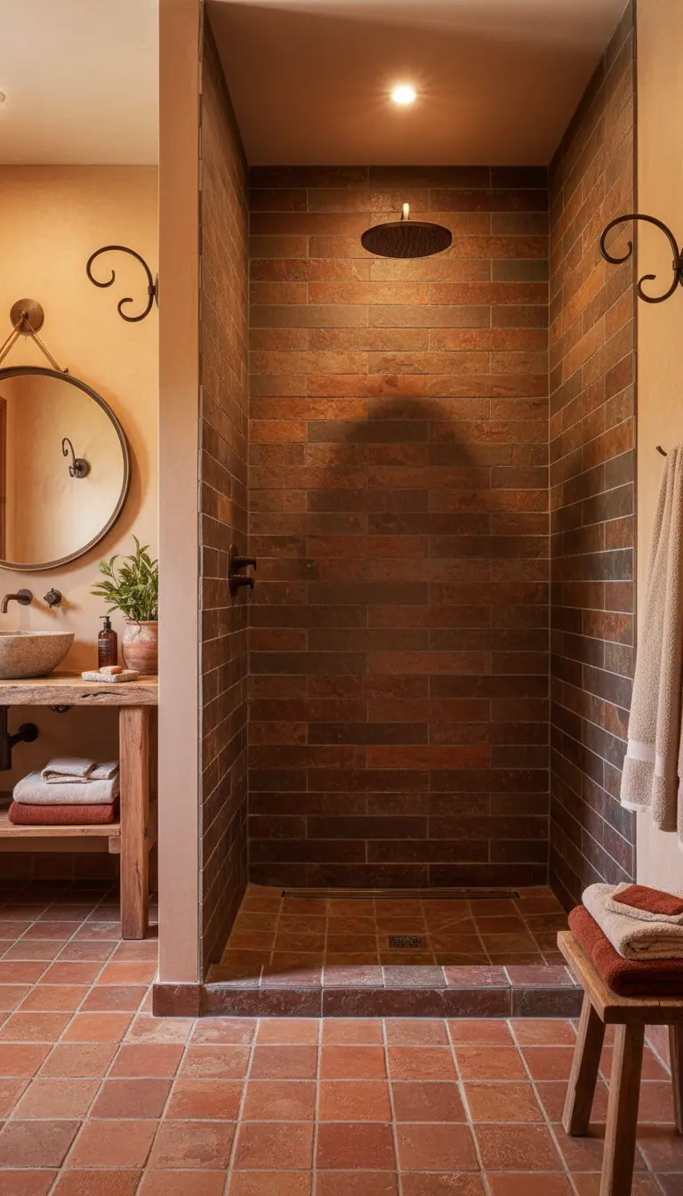 Doccia walk-in interamente rivestita con piastrelle in terracotta, in un bagno rustico.