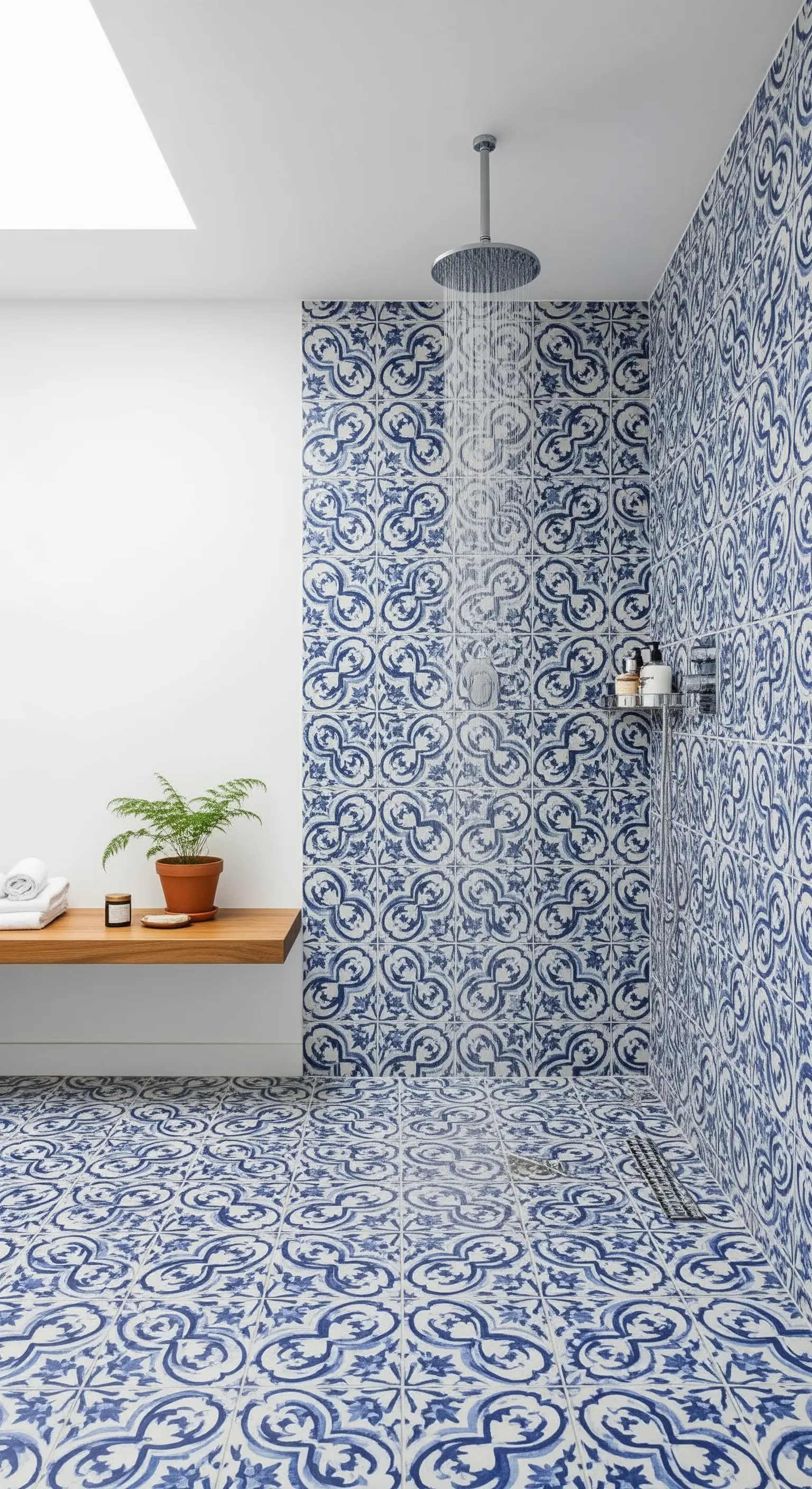 Doccia walk-in interamente rivestita con maioliche a motivi bianchi e blu.