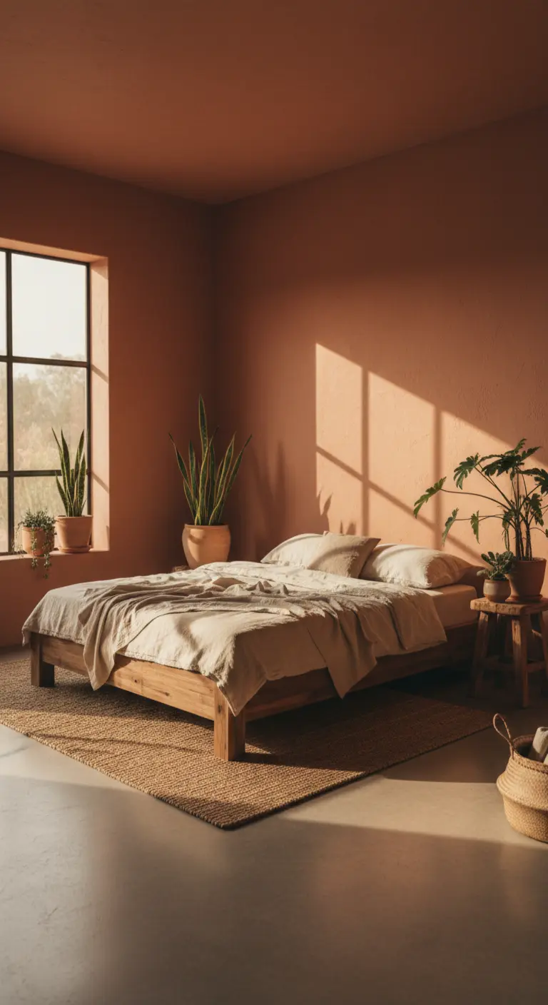 Camera da letto con pareti color terracotta, letto in legno grezzo e piante verdi.