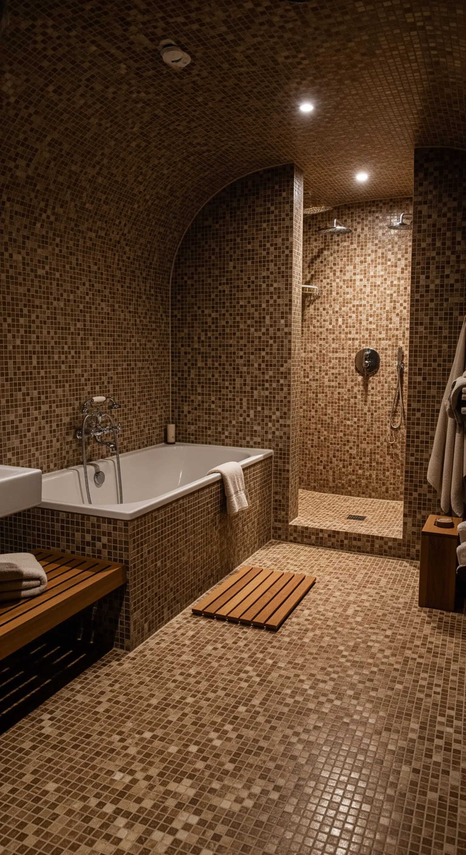 Bagno a volta interamente rivestito in mosaico marrone, creando un effetto grotta.