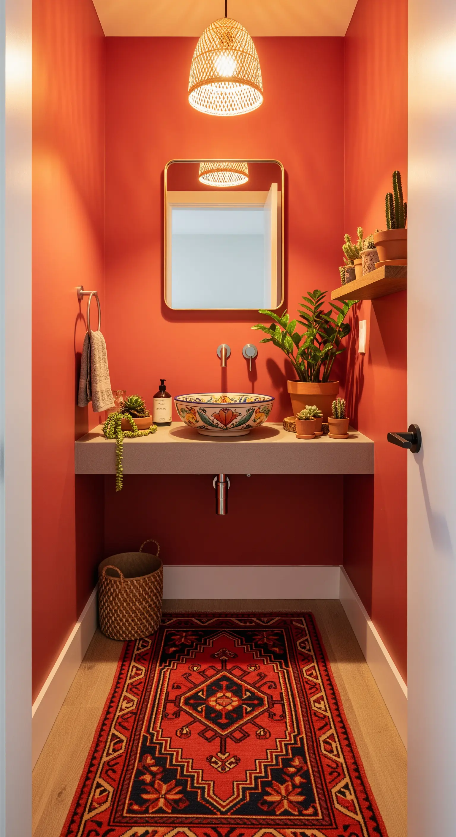 Bagno piccolo con pareti rosso terracotta, lavabo decorato e runner persiano.
