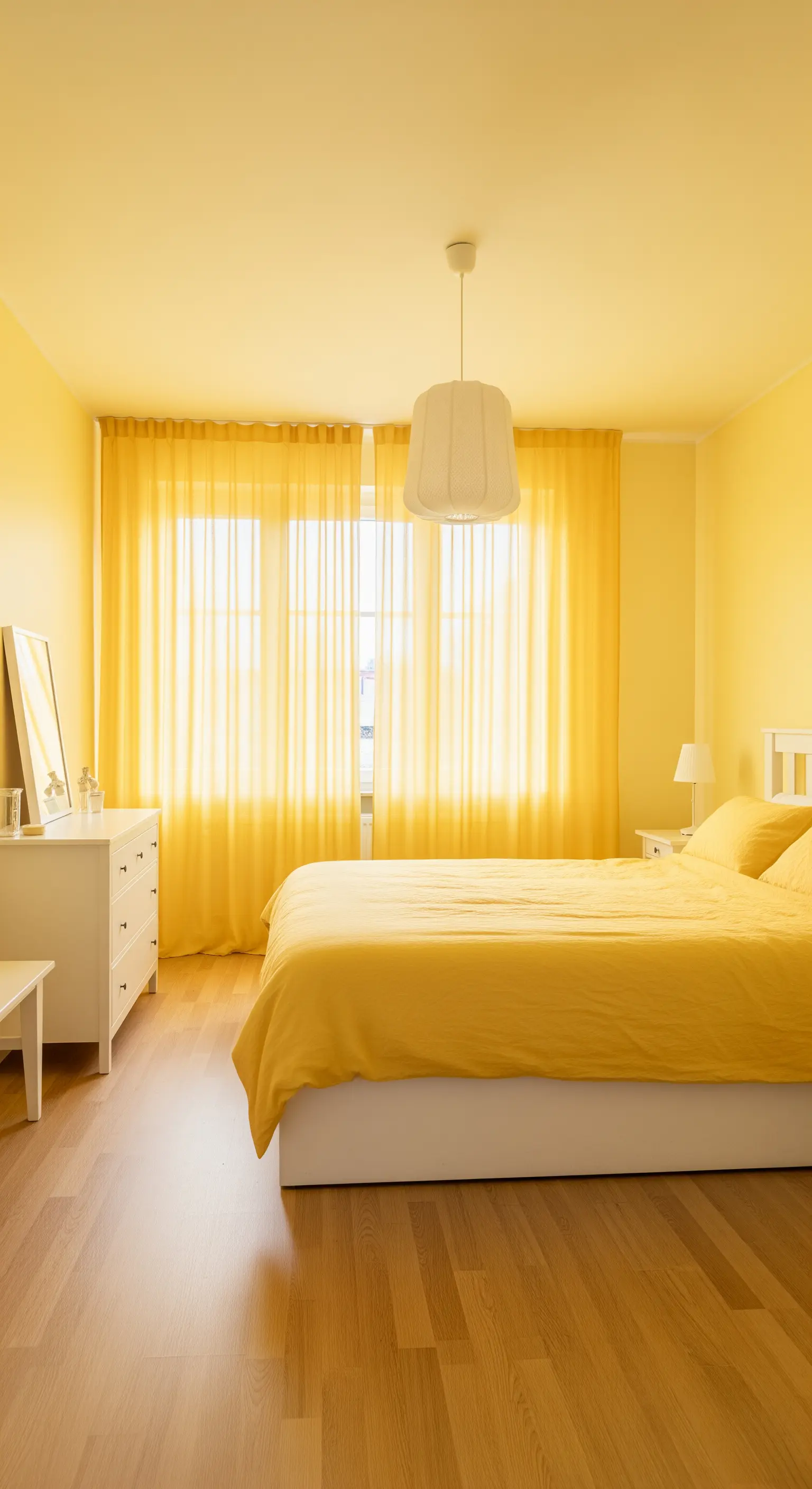 Camera da letto completamente gialla, dalle pareti alla biancheria da letto.