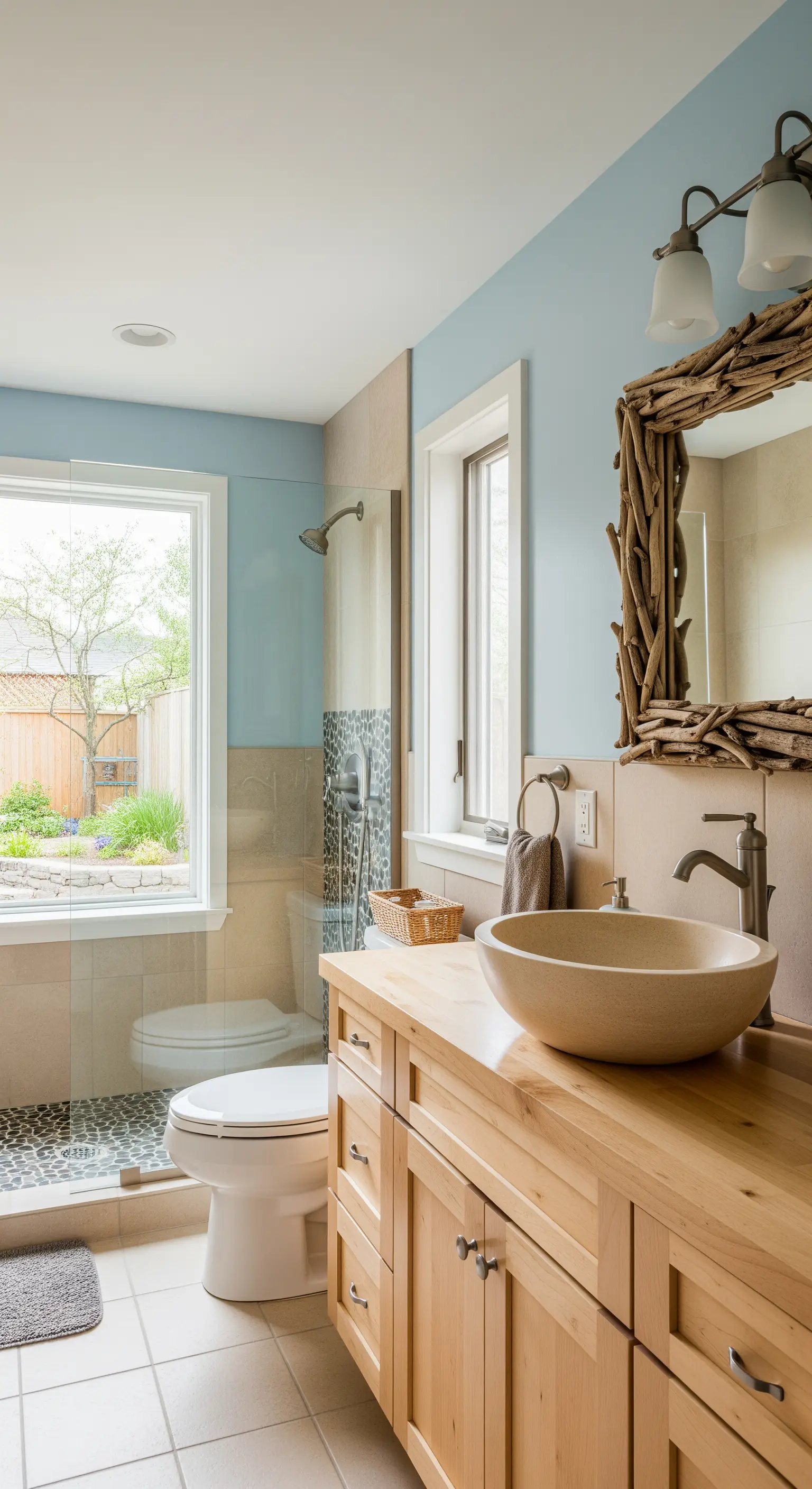 Bagno spa con pareti azzurre, mobile in legno chiaro e lavabo in pietra.