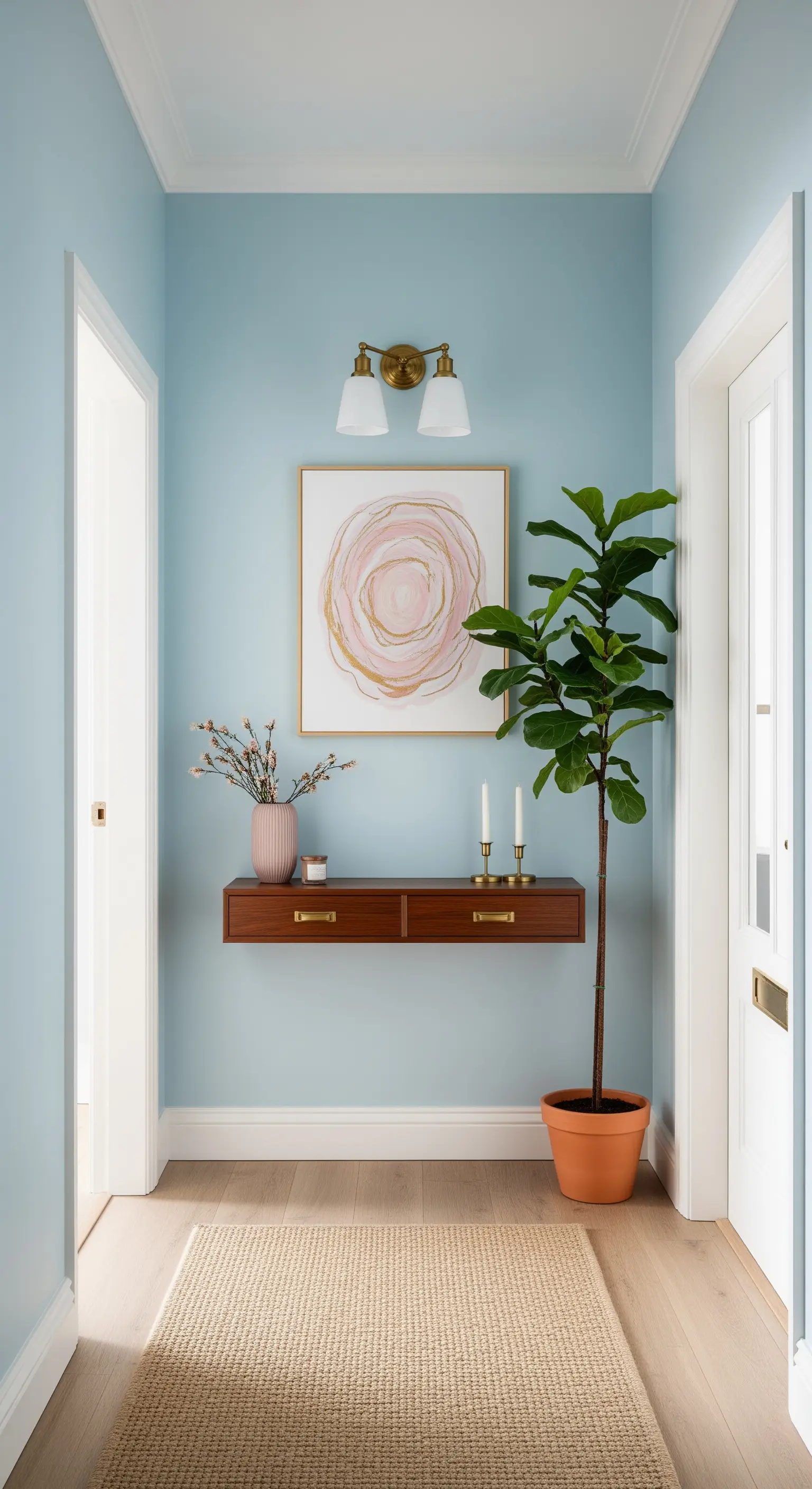 Corridoio azzurro con consolle sospesa in legno, pianta alta e dettagli in ottone.