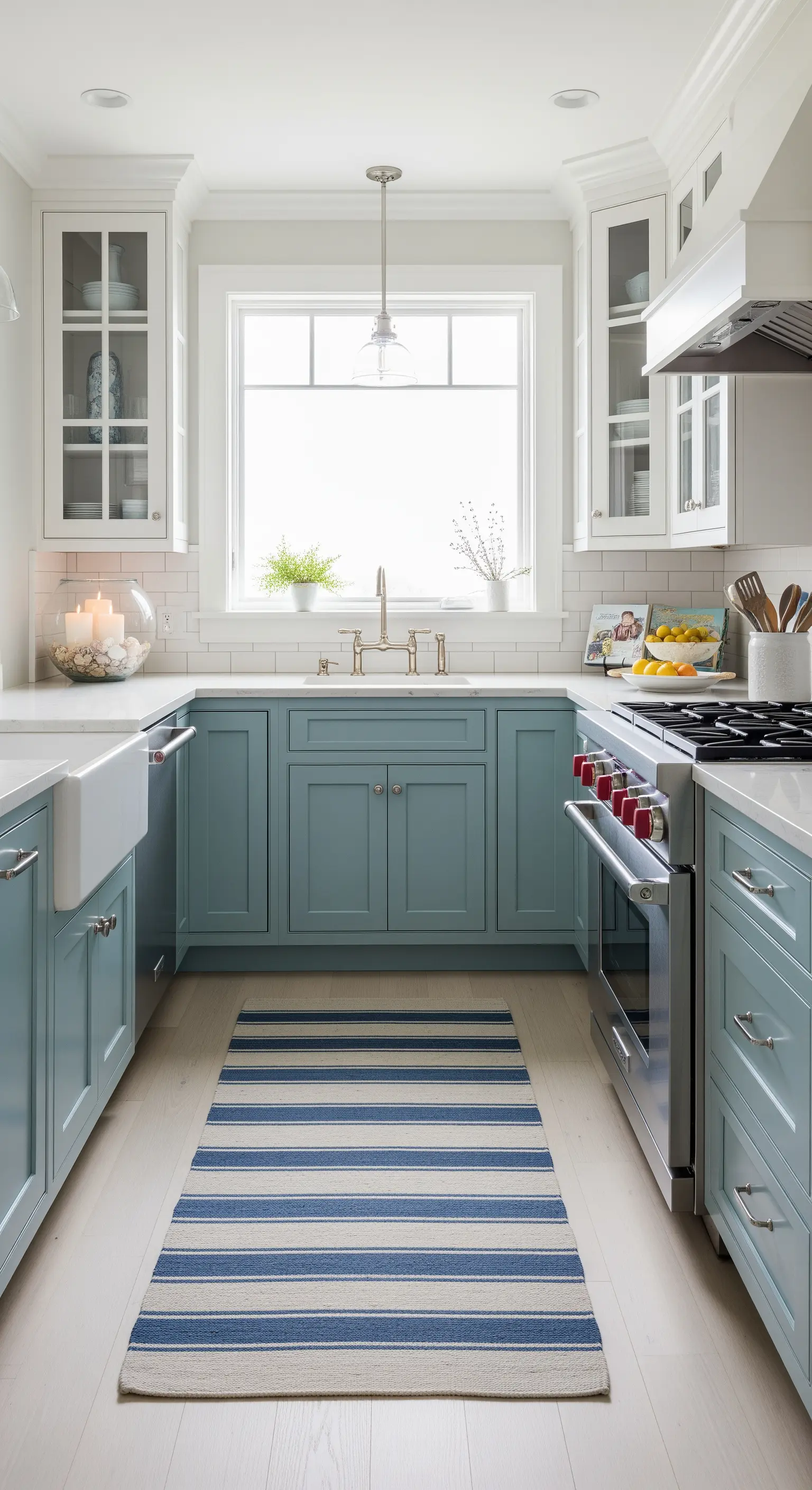 Cucina a U con mobili color azzurro polvere e un runner a righe sul pavimento chiaro.