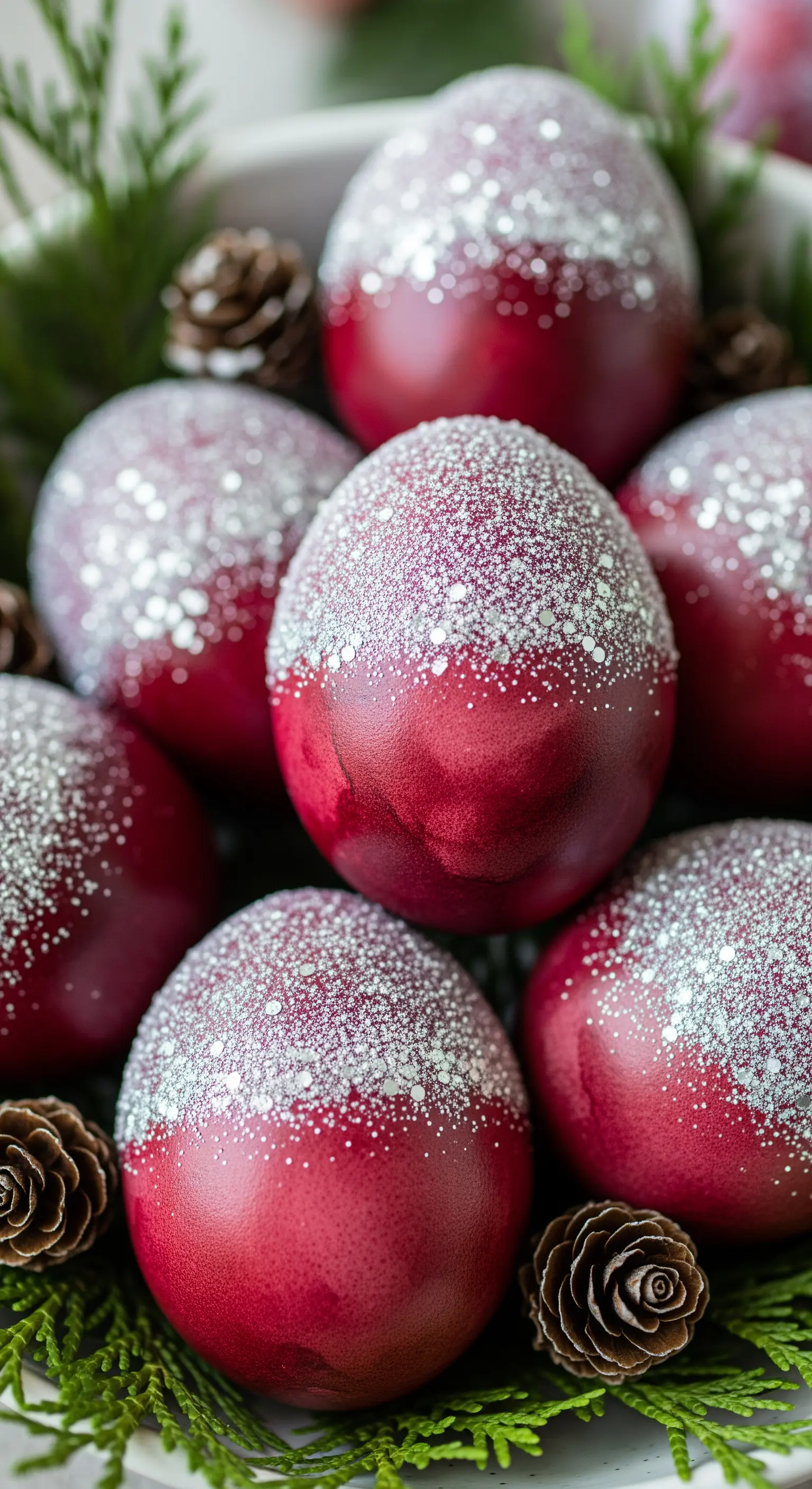 Uova di un rosso intenso con la parte superiore ricoperta di glitter bianco, come neve.