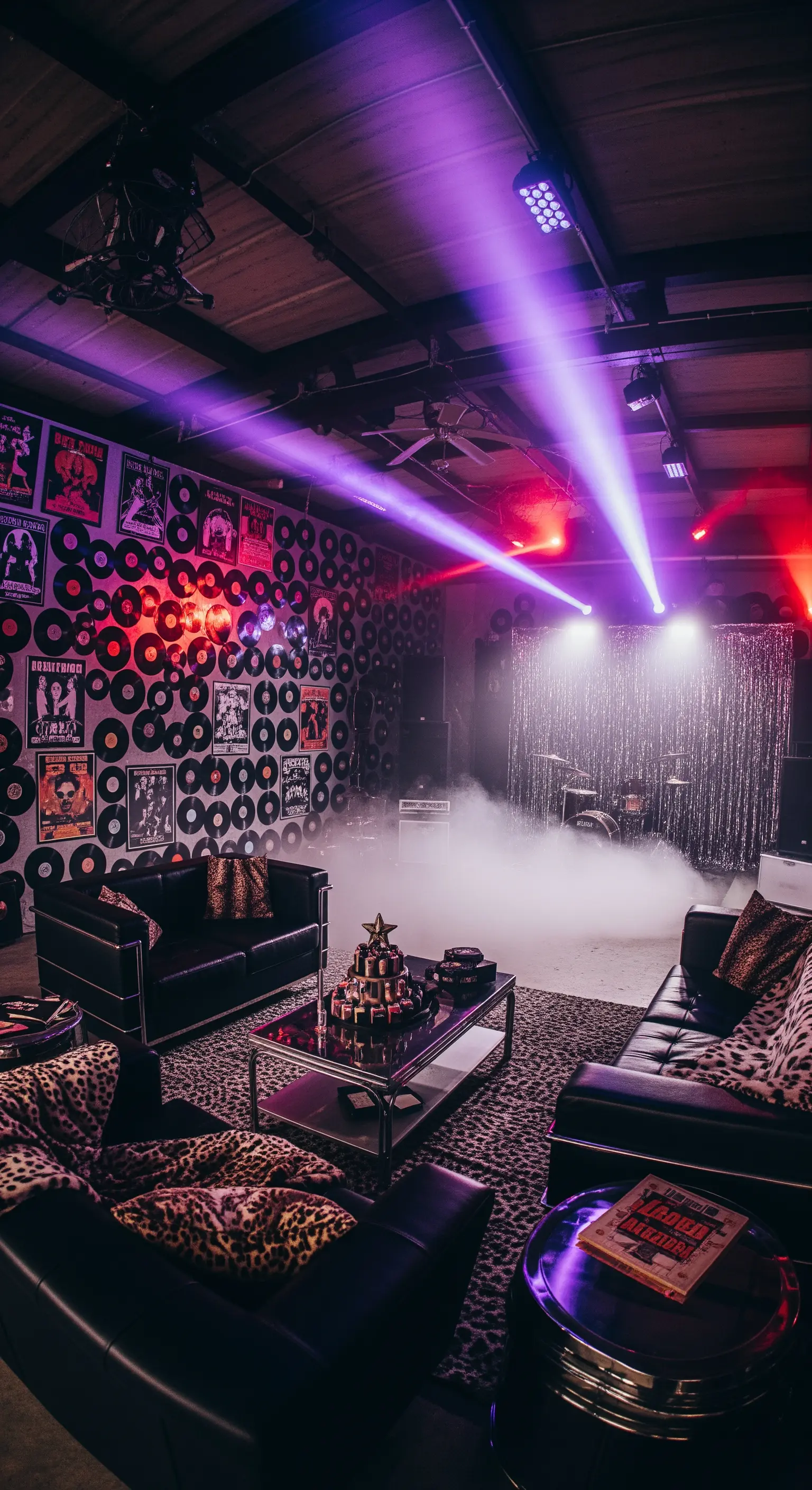 Area lounge a tema rock anni '80 con parete di vinili, divani in pelle e fumo scenico.