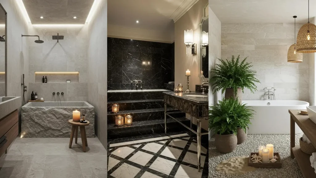 Tre bagni da spa lussuosi con vasche in pietra, luci soffuse, candele profumate e dettagli in marmo.