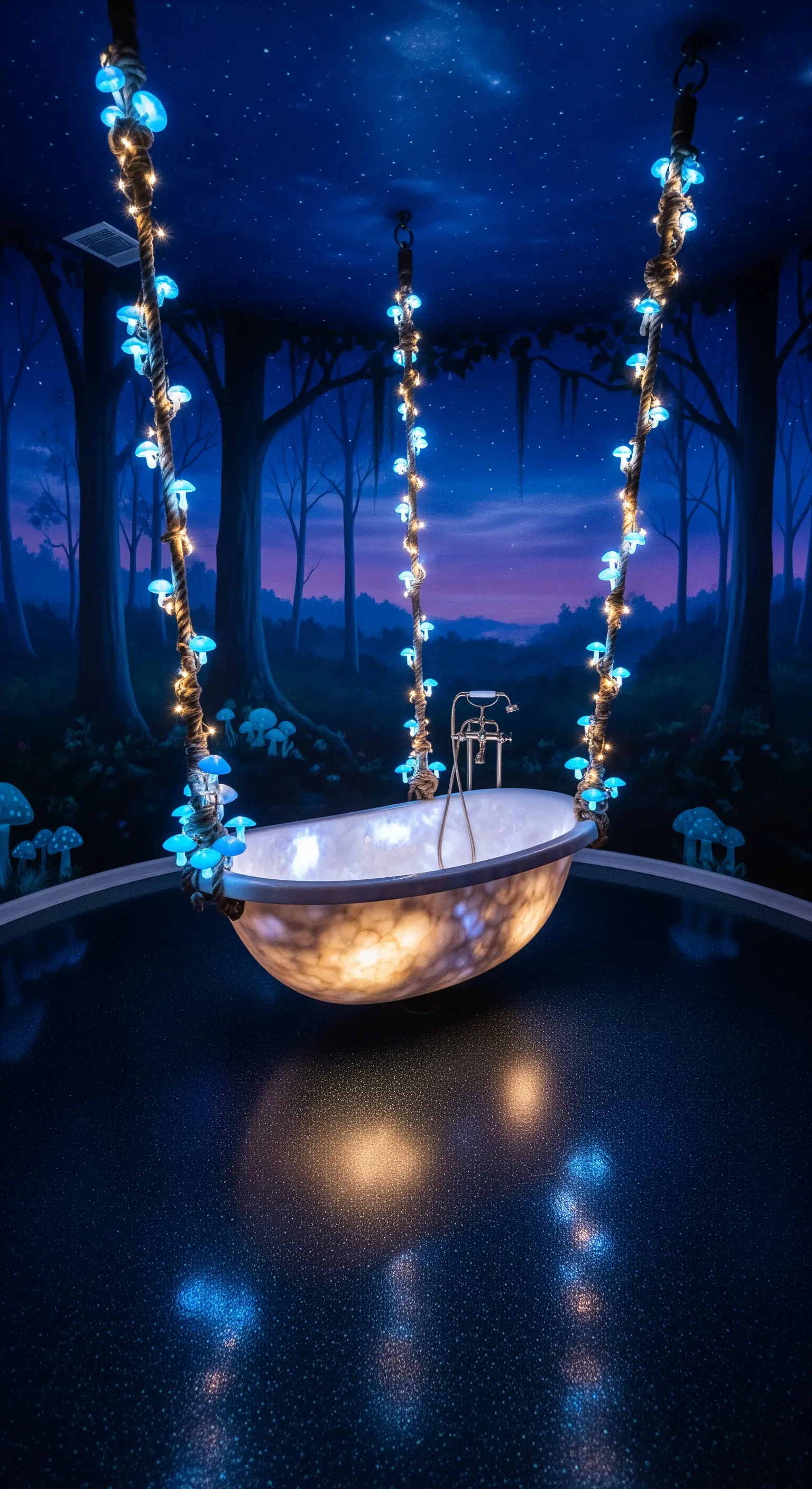 Vasca sospesa illuminata da lucine a forma di fungo in un bagno a tema foresta incantata.