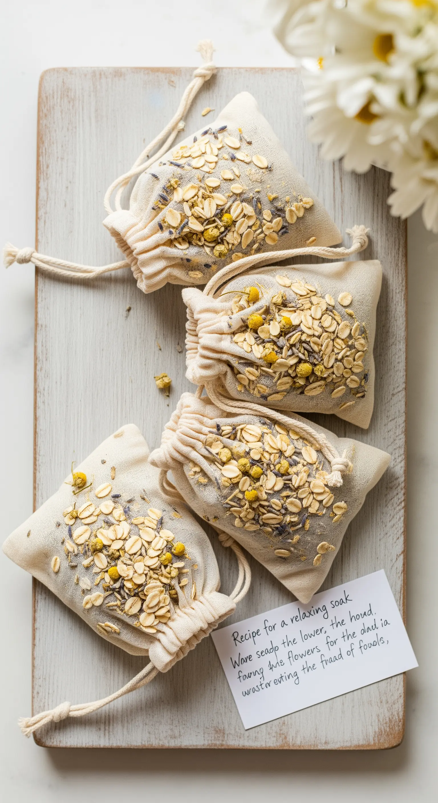 Sacchetti di mussola riempiti con avena e camomilla per un bagno rilassante.