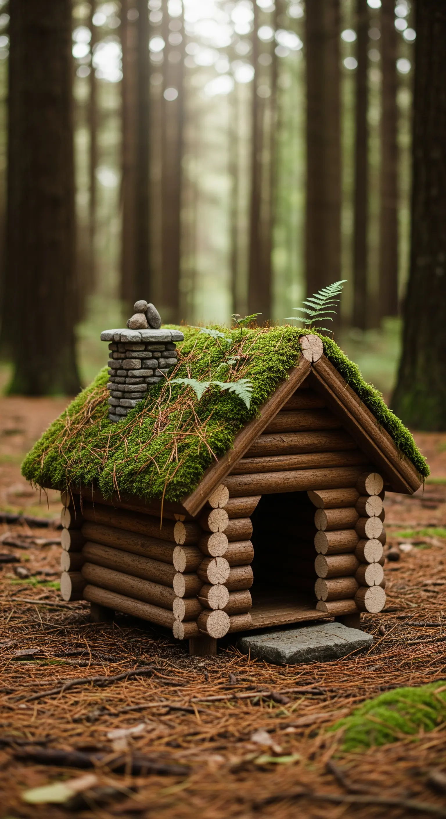 Piccola cuccia a forma di baita in tronchi con tetto di muschio e comignolo in pietra.