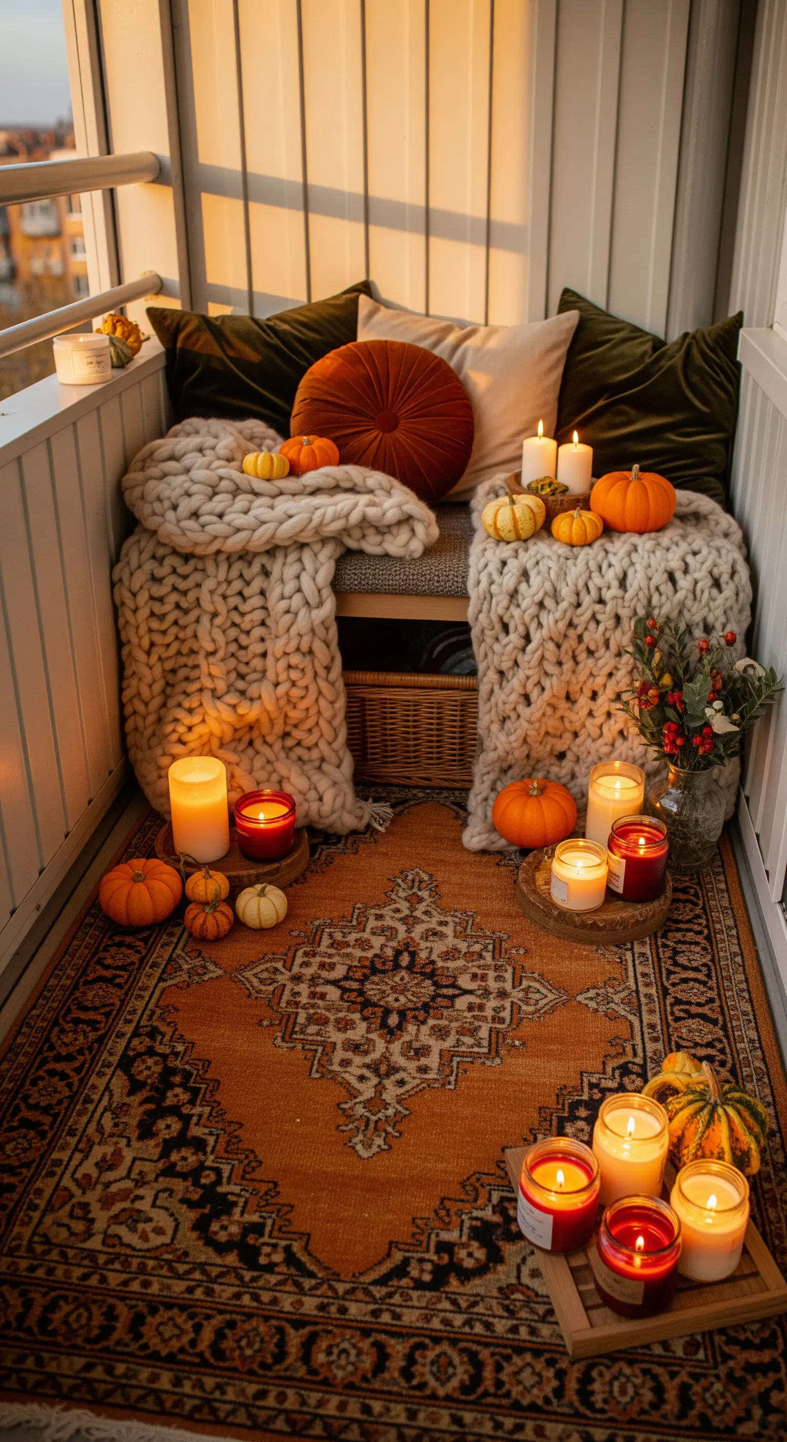 Balcone autunnale con tappeto arancione, coperte a maglia grossa, zucche e candele accese.