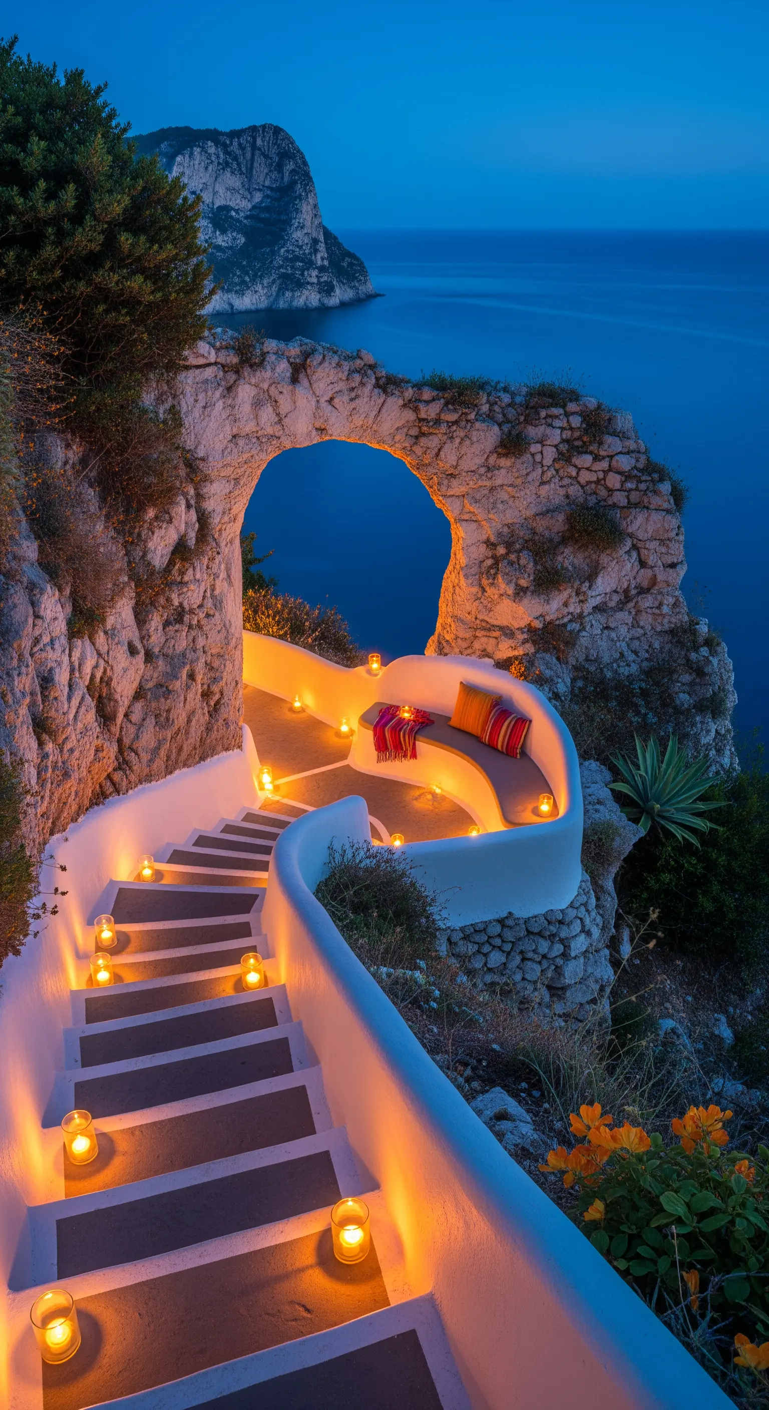 Terrazza a picco sul mare, con un arco in roccia e una seduta curva illuminata da candele.