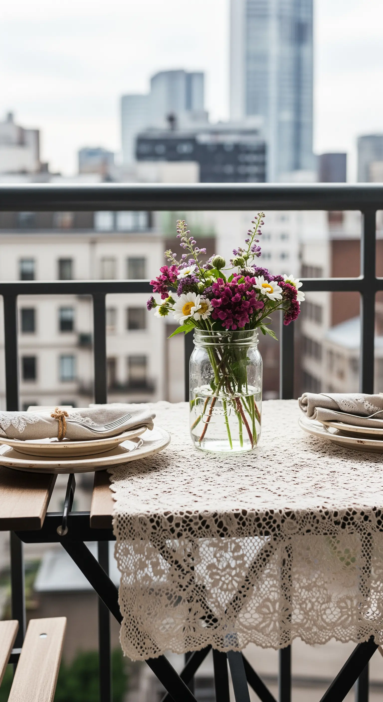 Piccolo tavolo da balcone con centrino di pizzo e un mazzo di fiori in un barattolo di vetro