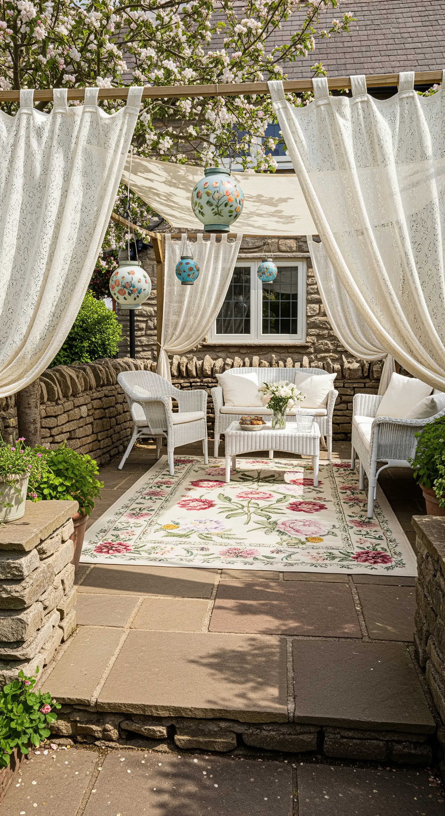 Patio in pietra con arredi in vimini bianco, tende in pizzo e lanterne in ceramica sospese.