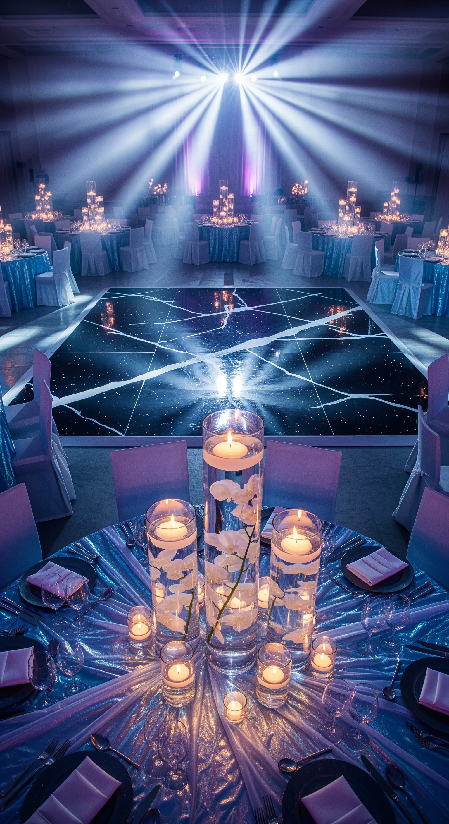 Pista da ballo a tema galassia con centrotavola di candele galleggianti.