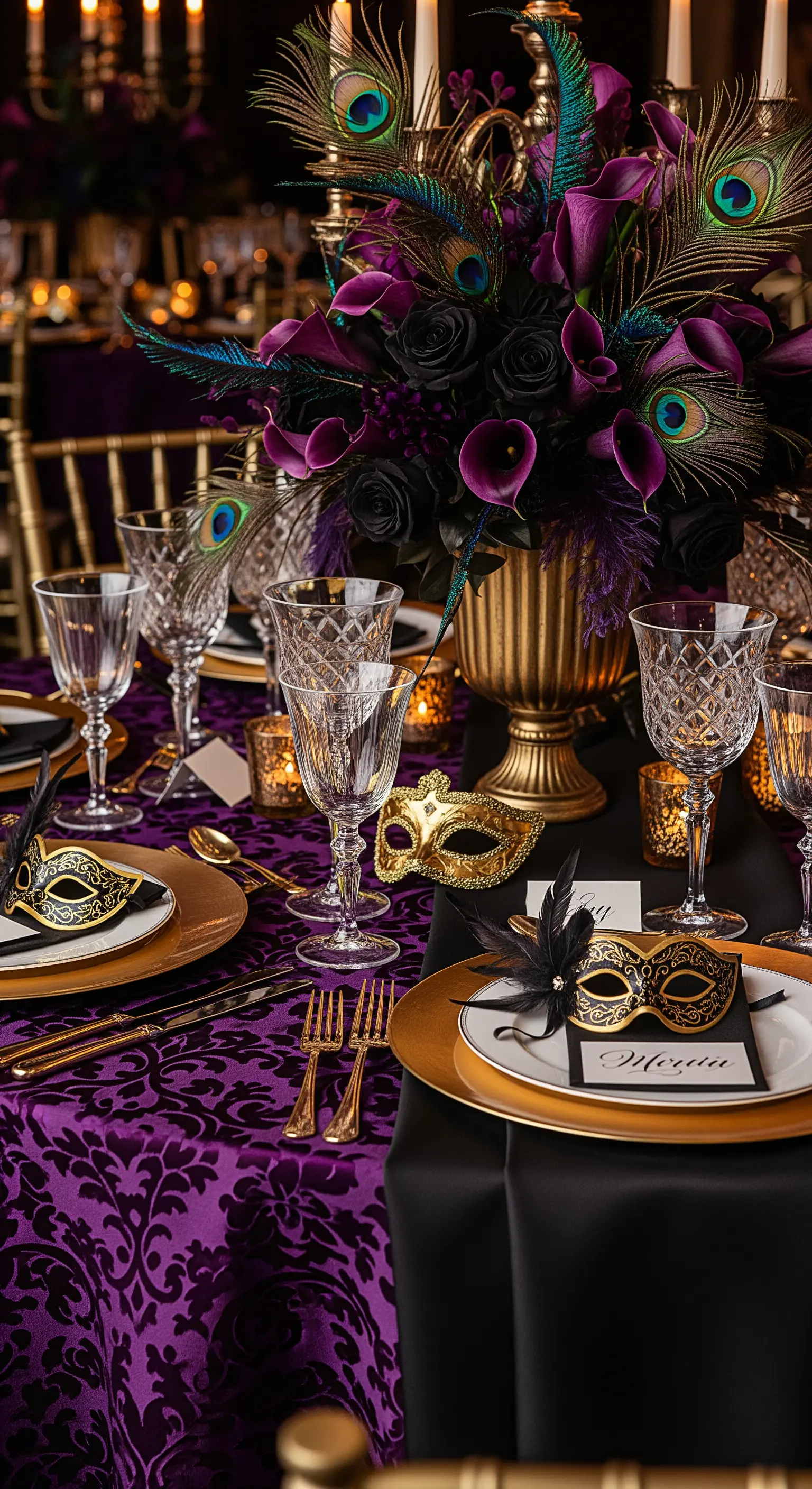 Tavola a tema ballo in maschera con tovaglie viola, piume di pavone e maschere dorate.