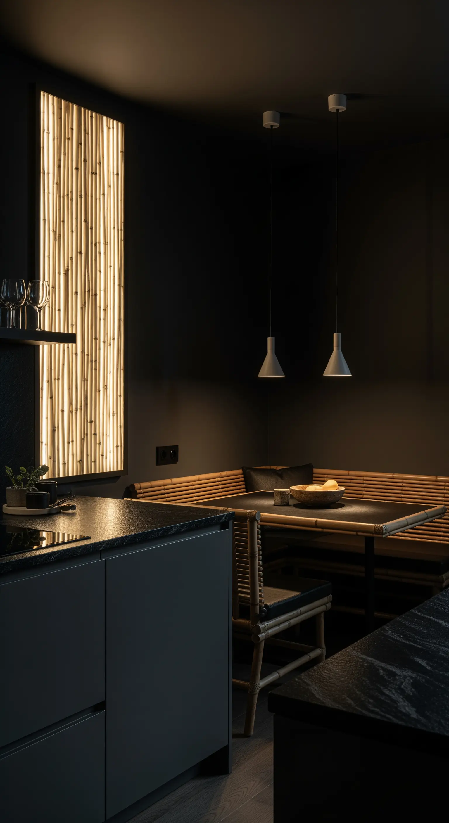 Angolo pranzo in una cucina scura con una panca in bambù e un pannello retroilluminato.