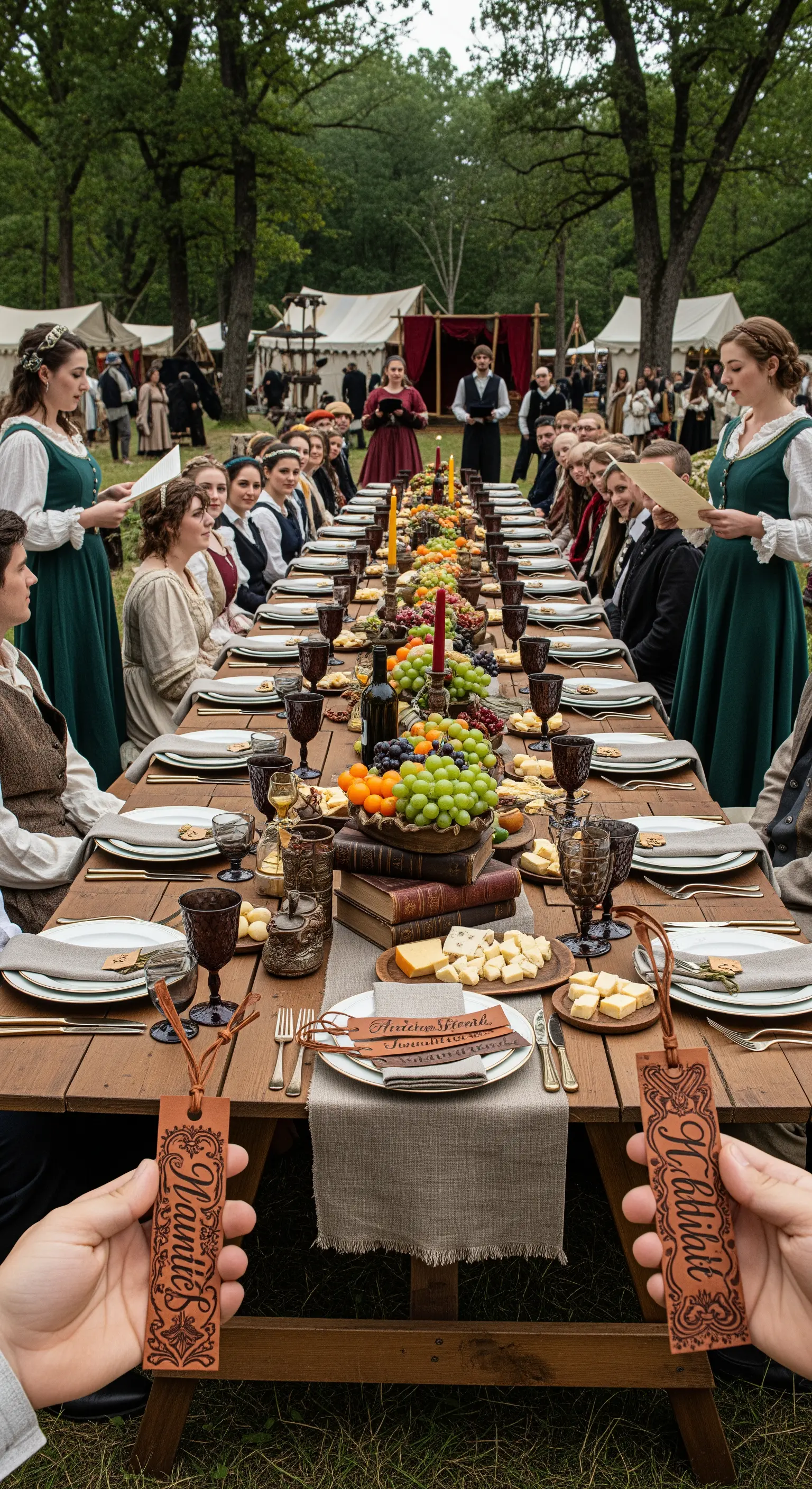 Lungo tavolo da banchetto all'aperto in stile rinascimentale, con libri e frutta.