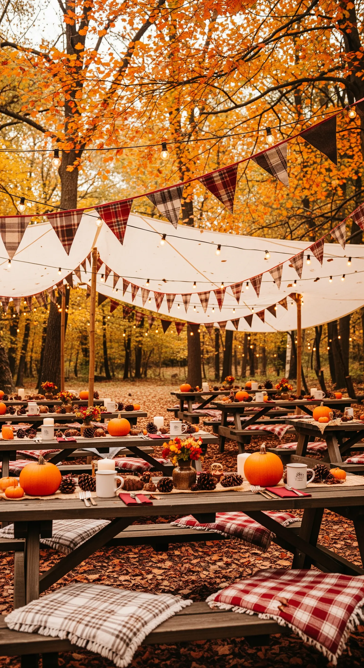 Tavoli da picnic in un bosco autunnale con zucche, coperte a quadri e foglie secche.