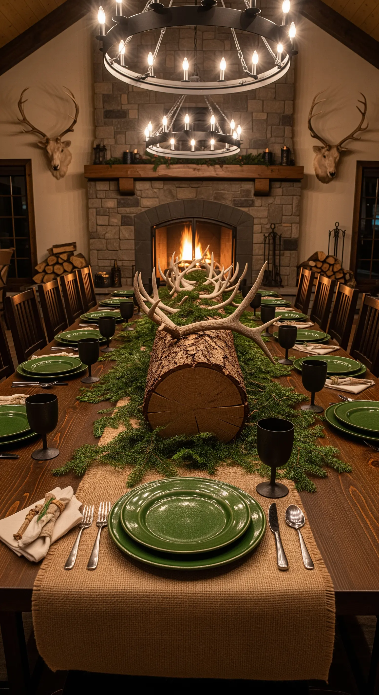 Grande tavola da banchetto in stile lodge con centrotavola di tronco, abete e corna.