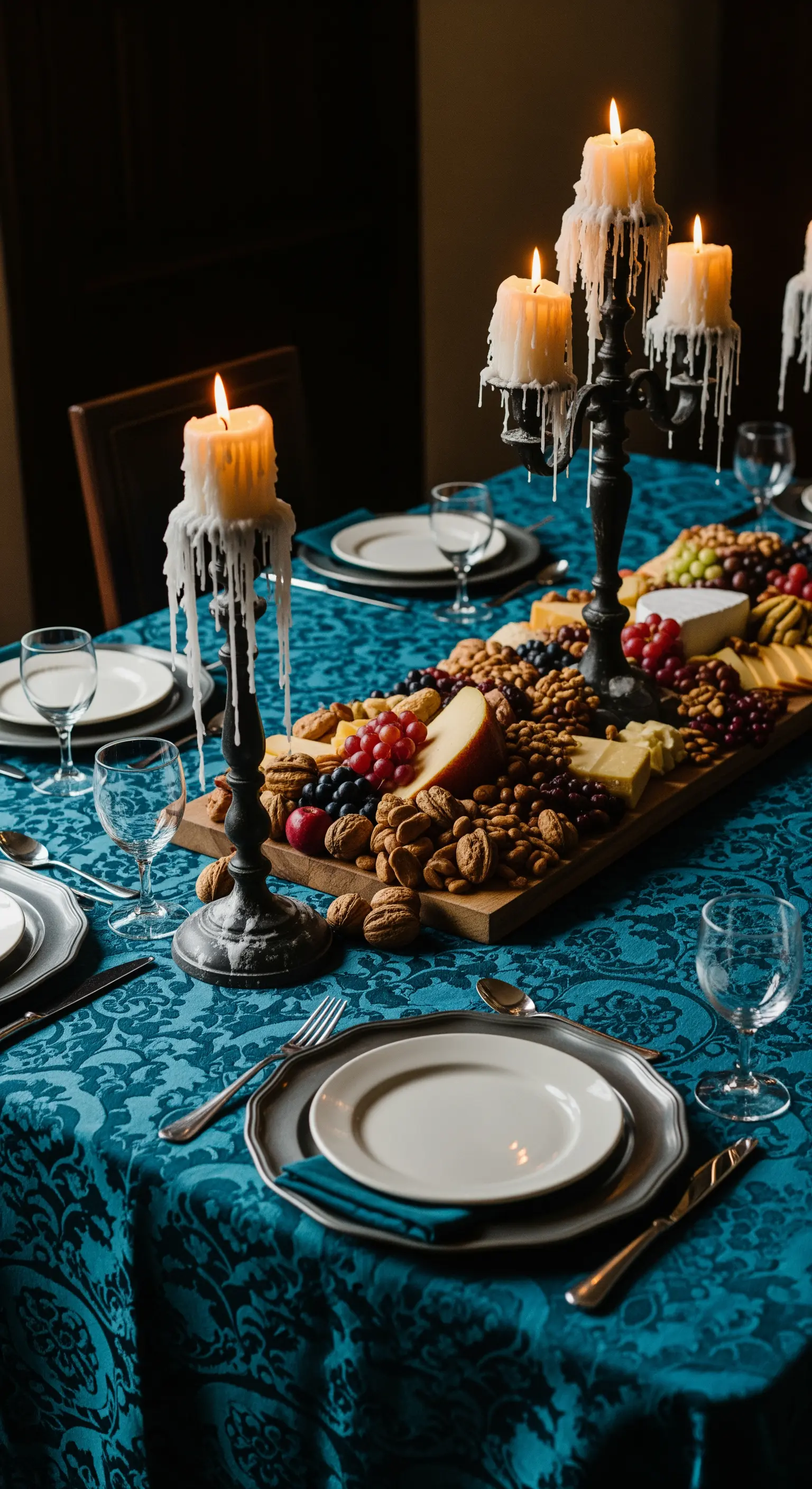 Tavola con tovaglia damascata, candelabri con cera colante e un grande tagliere di cibo.