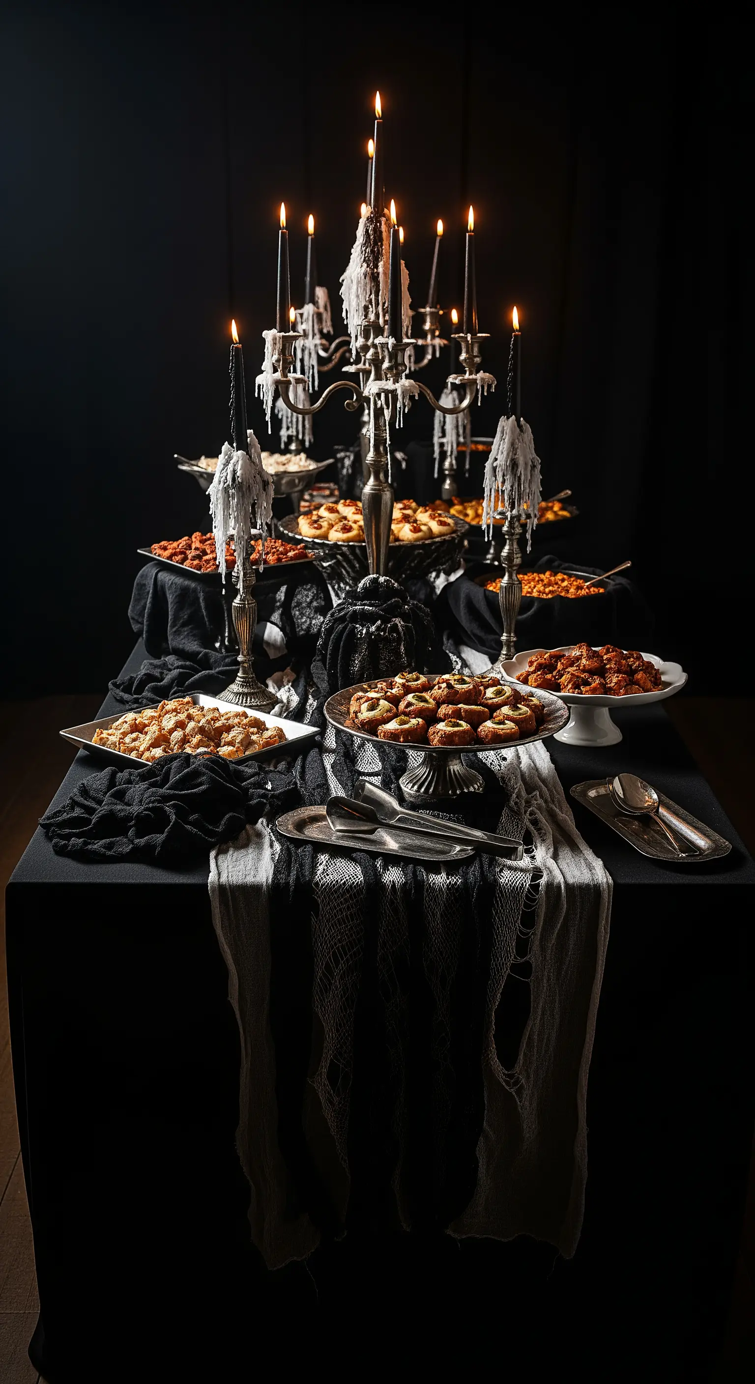Tavolo da buffet di Halloween con runner di garza nera e candelabro con cera colata.