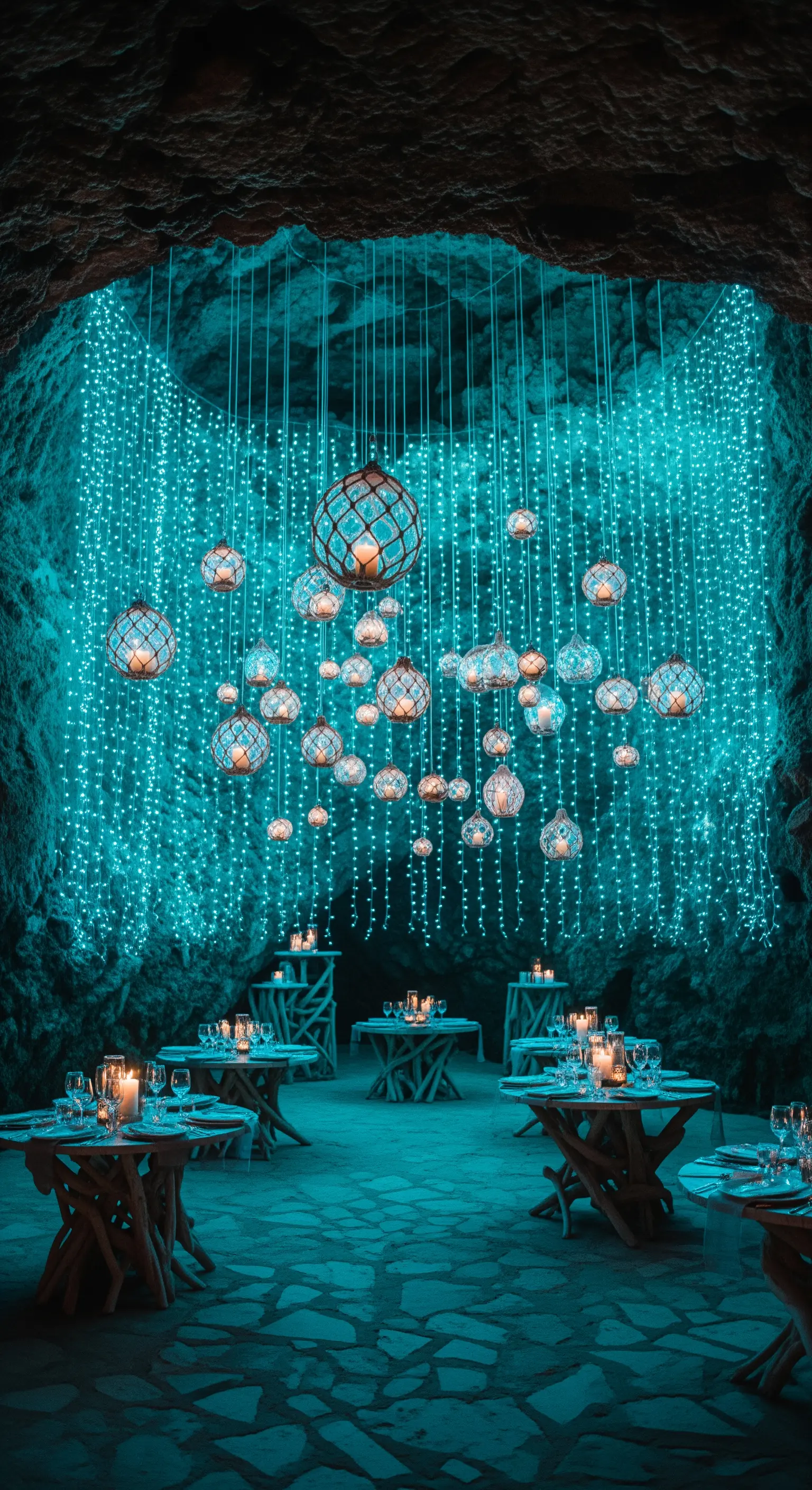Allestimento in una grotta con pareti illuminate da luci turchesi e lanterne sferiche sospese.