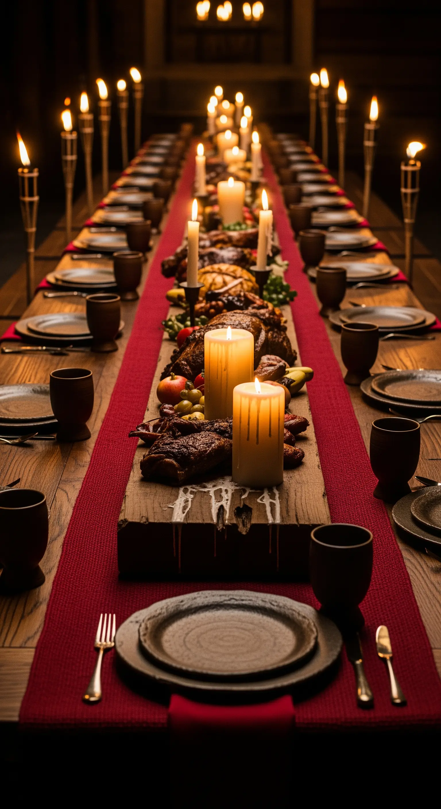 Lunga tavola da banchetto illuminata da candele e torce, con runner rosso.