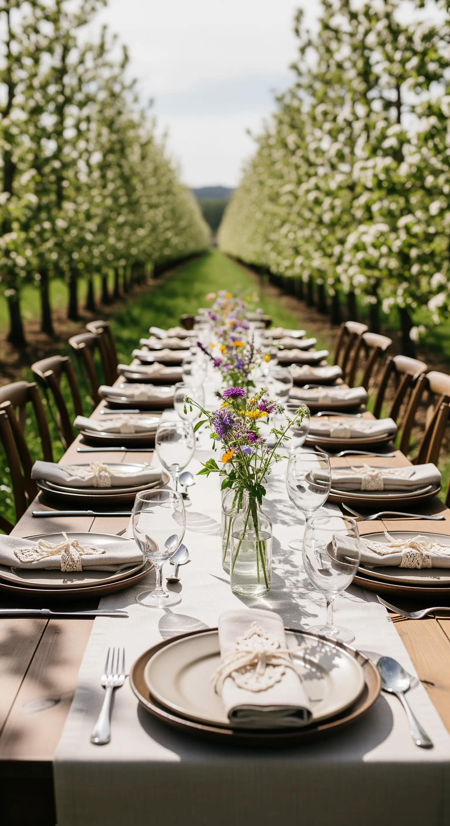 Lunga tavolata in un frutteto con runner in lino e piccoli bouquet di fiori di campo