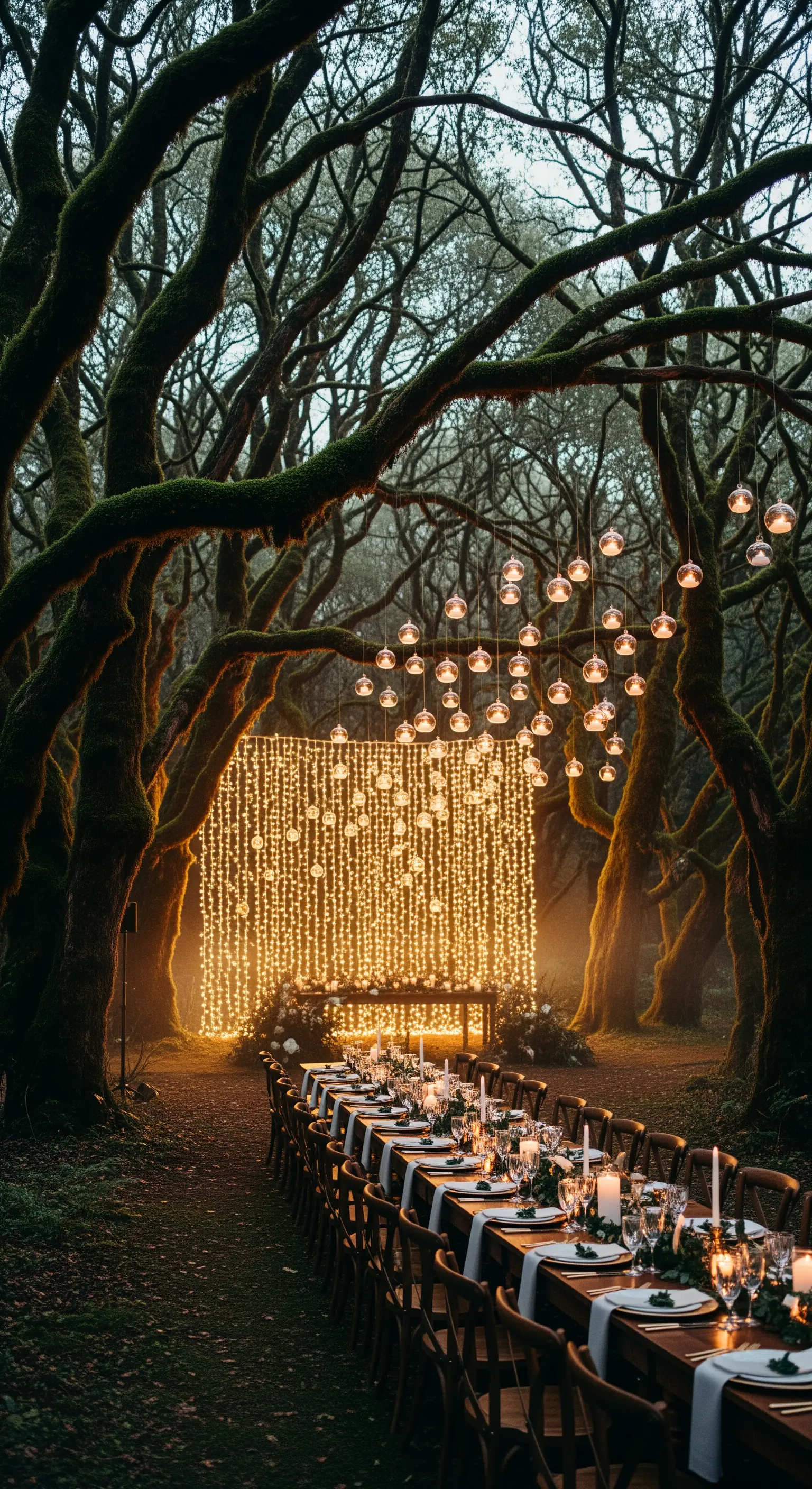 Tavolata in una foresta illuminata da una cascata di luci calde e candele sospese.