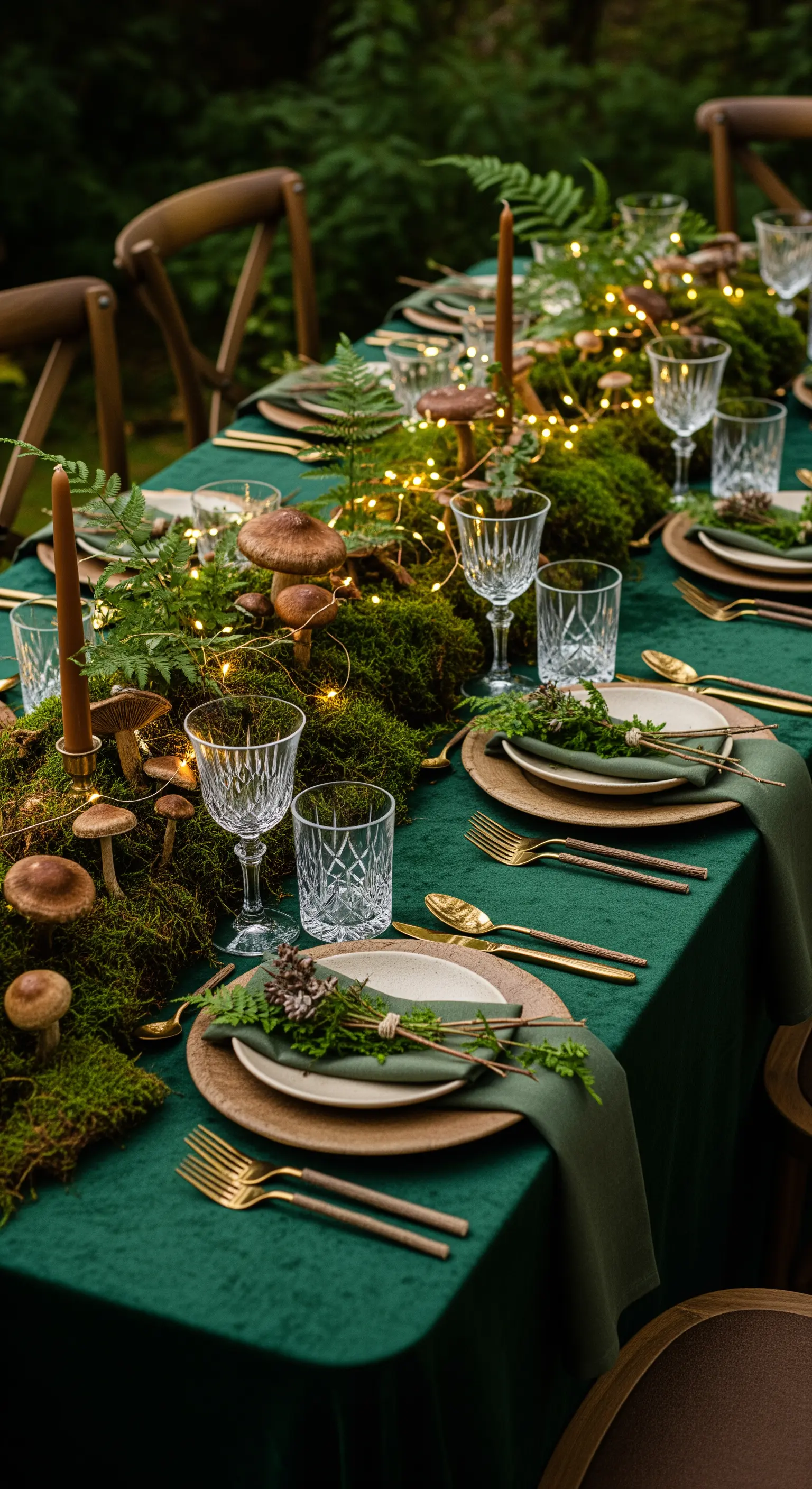 Tavola a tema bosco con runner di muschio, funghi e lucine calde.
