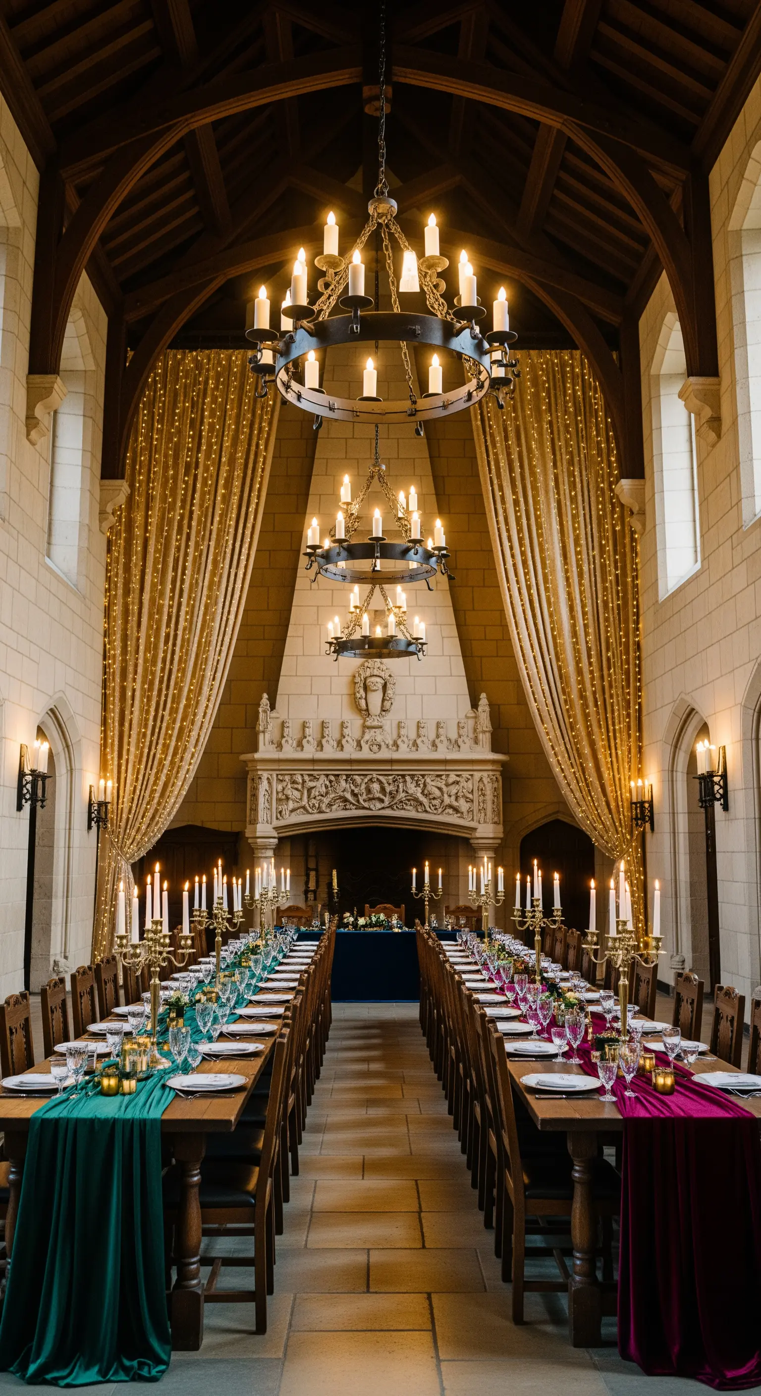 Sala da castello con tavoli imperiali, candelabri e tende dorate di fairy lights.