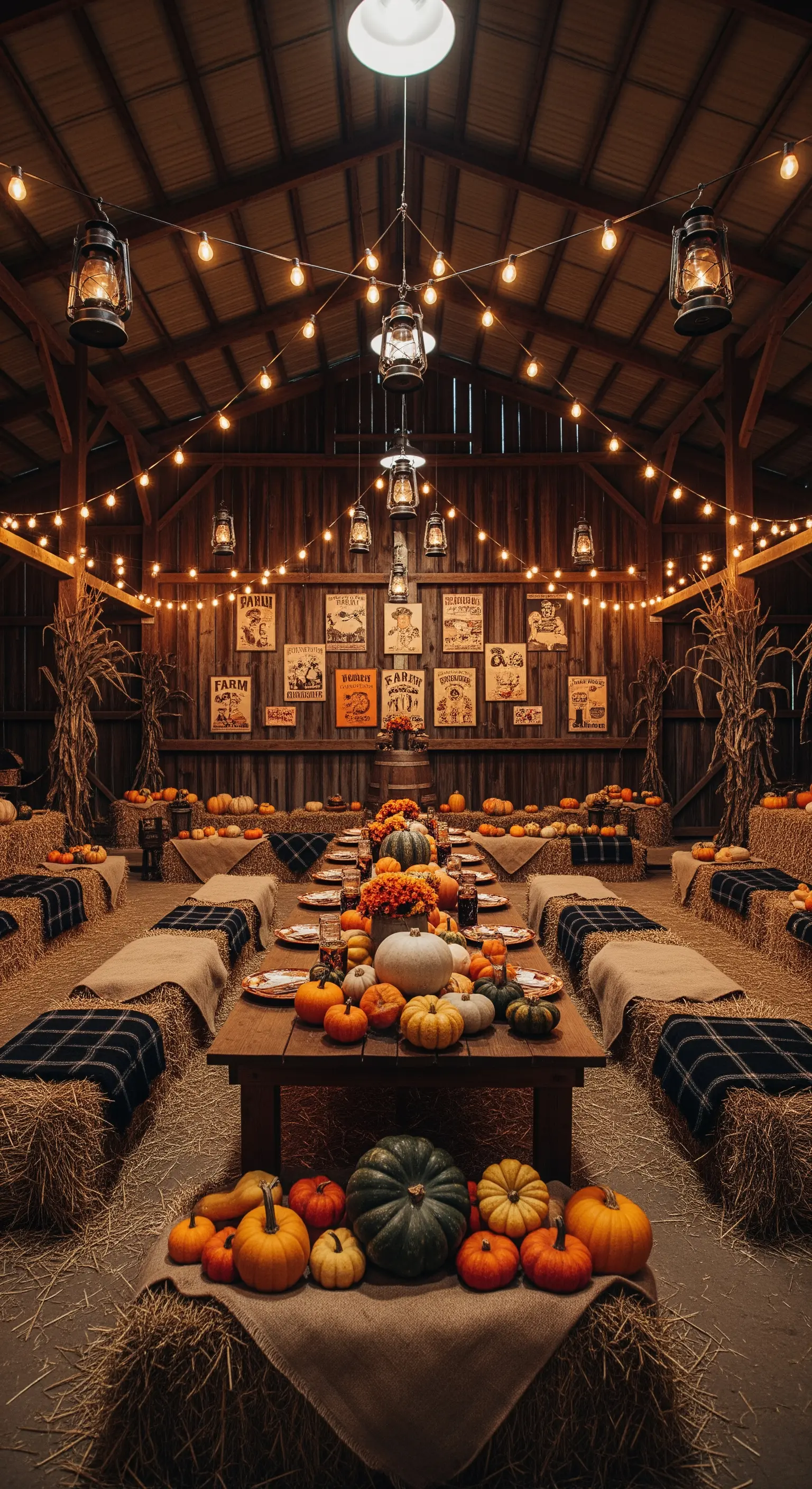 Festa di Halloween in un fienile con tavolate in legno, balle di fieno come sedute e luci sospese.