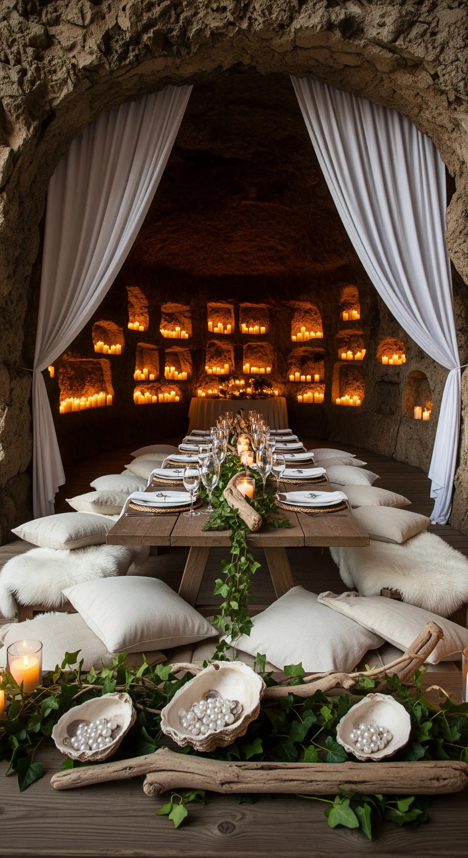 Cena suggestiva allestita in una grotta illuminata da innumerevoli candele.