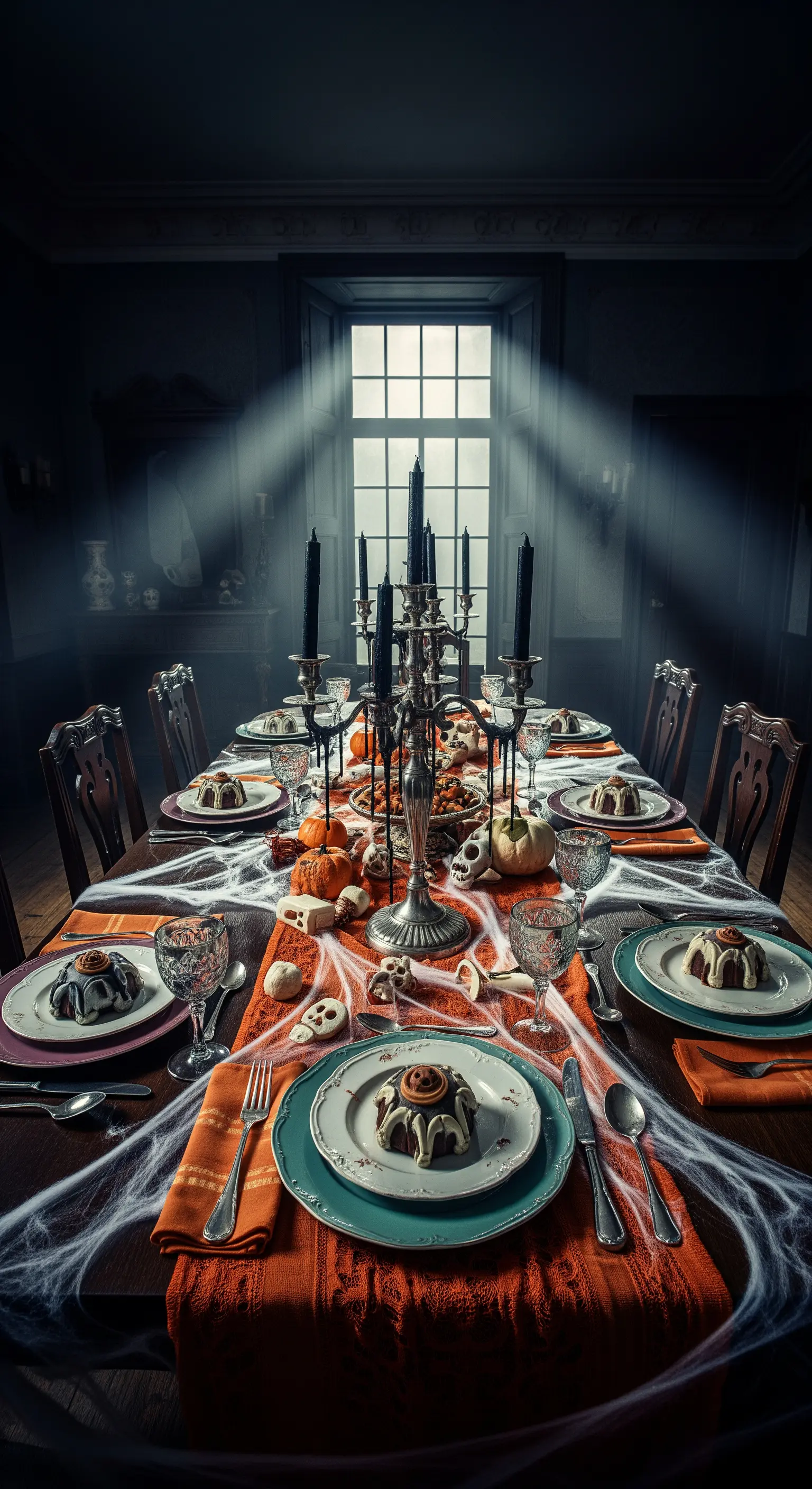 Tavola di Halloween in una stanza buia con candelabri, ragnatele e teschi decorativi.