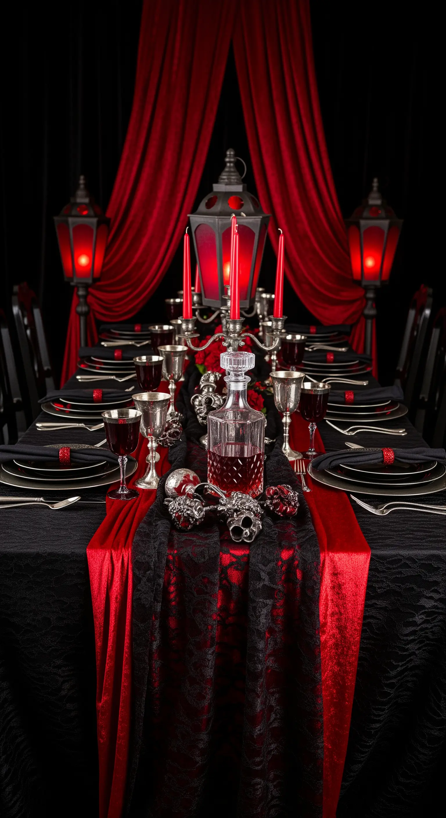 Tavola a tema vampiro in rosso e nero con calici d'argento.
