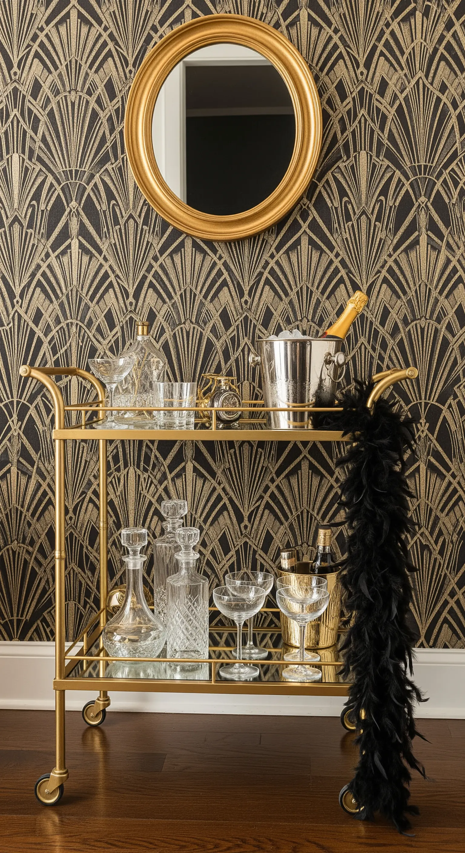 Carrello bar dorato in stile Art Déco con bottiglie, cristalli e una carta da parati a tema.