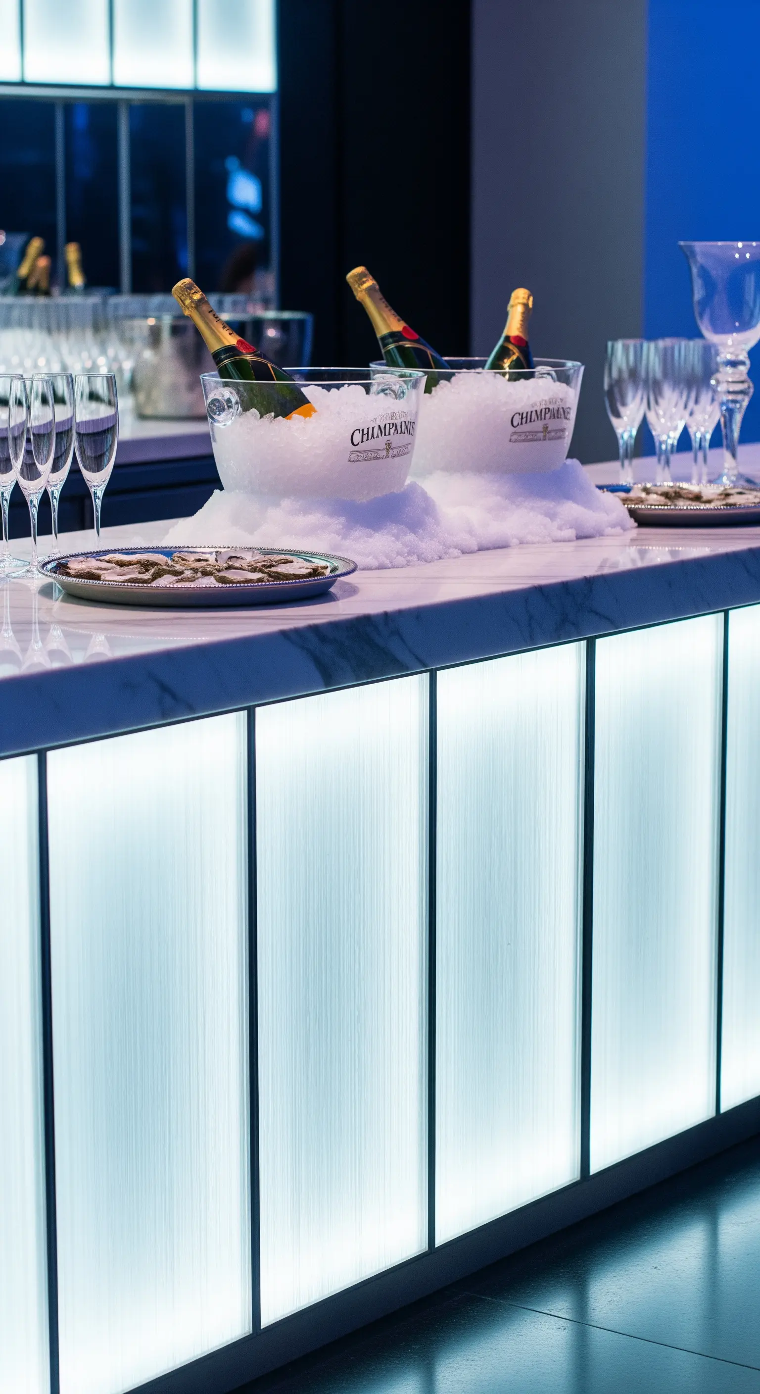 Bancone bar moderno e retroilluminato con bottiglie di champagne nella neve.
