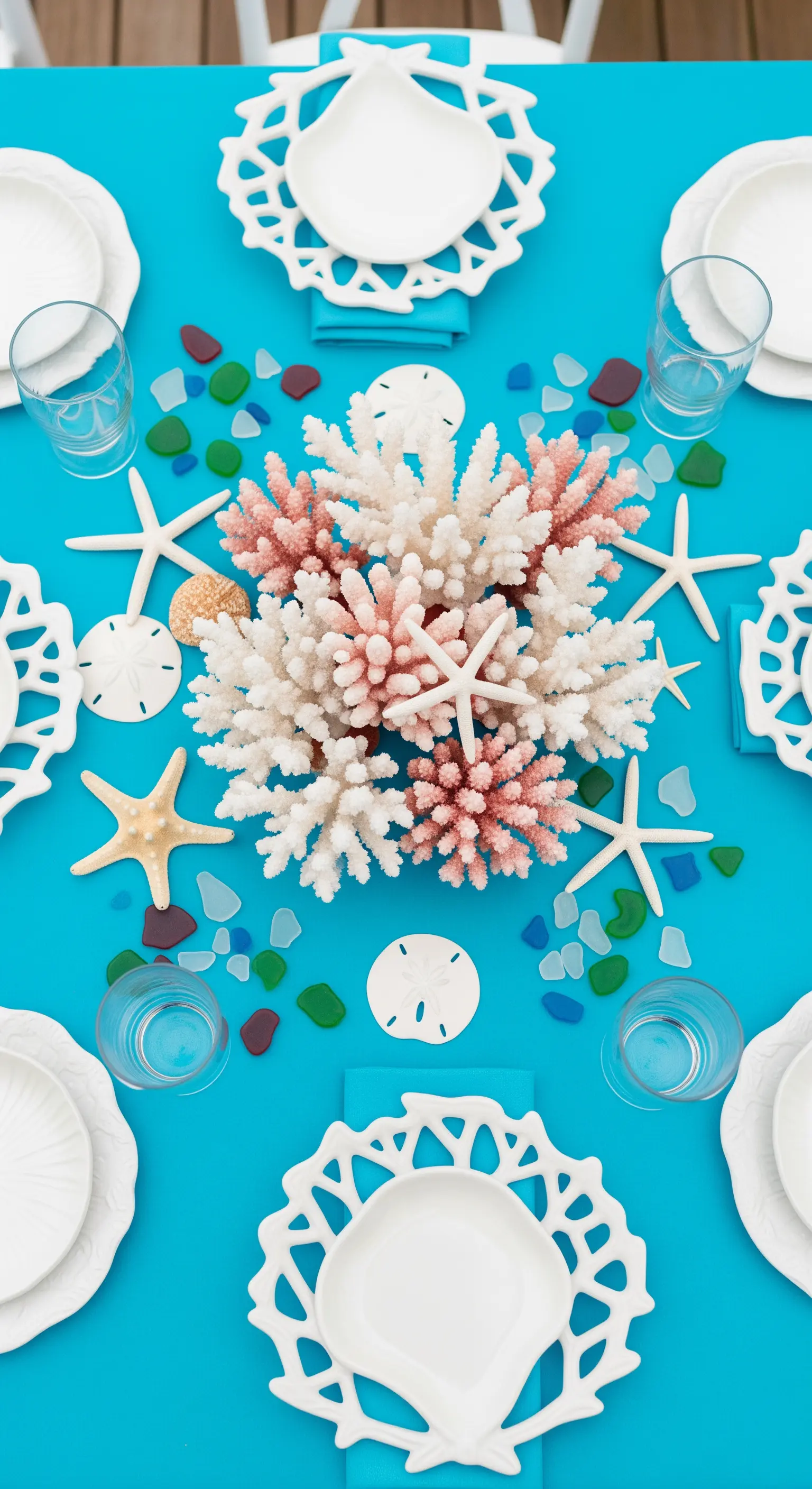 Tavola a tema corallo con tovaglia turchese, coralli rosa e stelle marine.